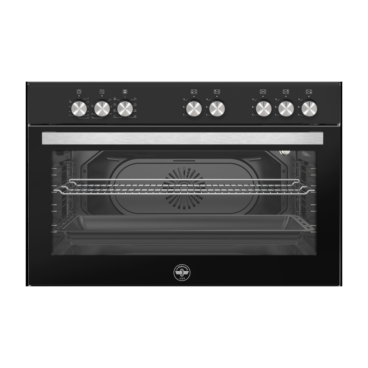 Un forno a incasso nero con dettagli argentati, la porta aperta, che rivela ripiani e una teglia.
