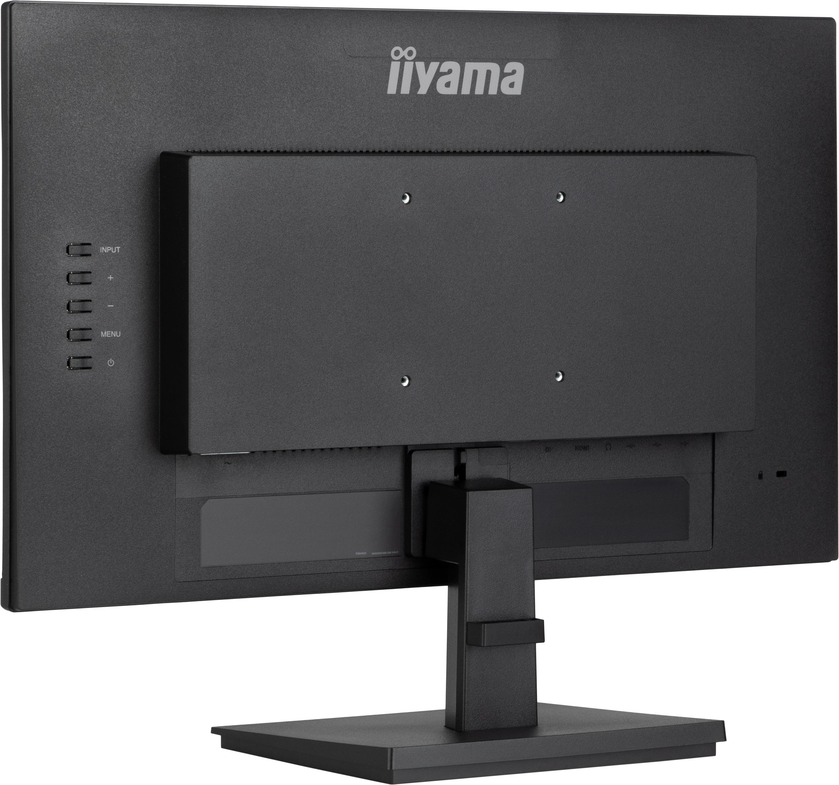 Rückansicht eines schwarzen Monitors mit Anschlüssen und einem Standfuß.