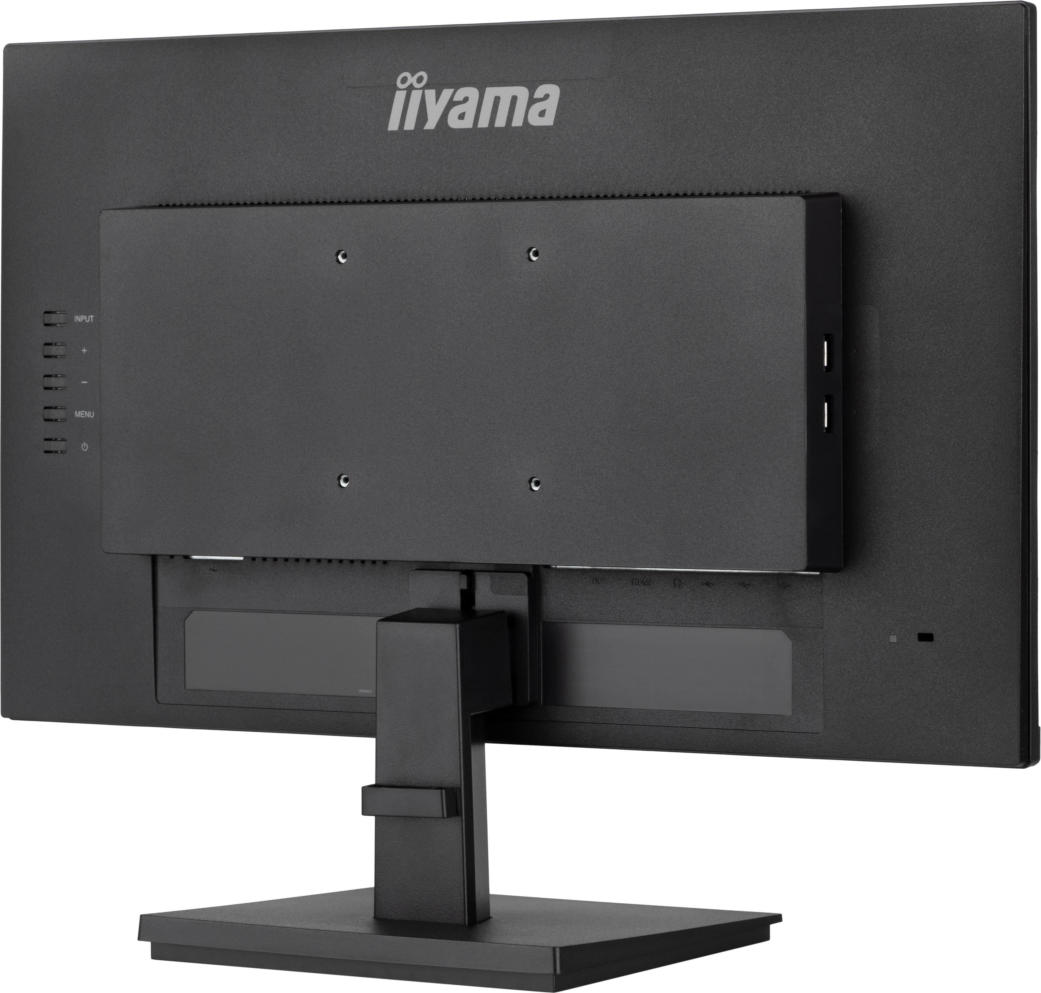Die Rückseite eines schwarzen Computermonitors. Er hat einen Ständer und verschiedene Anschlüsse.