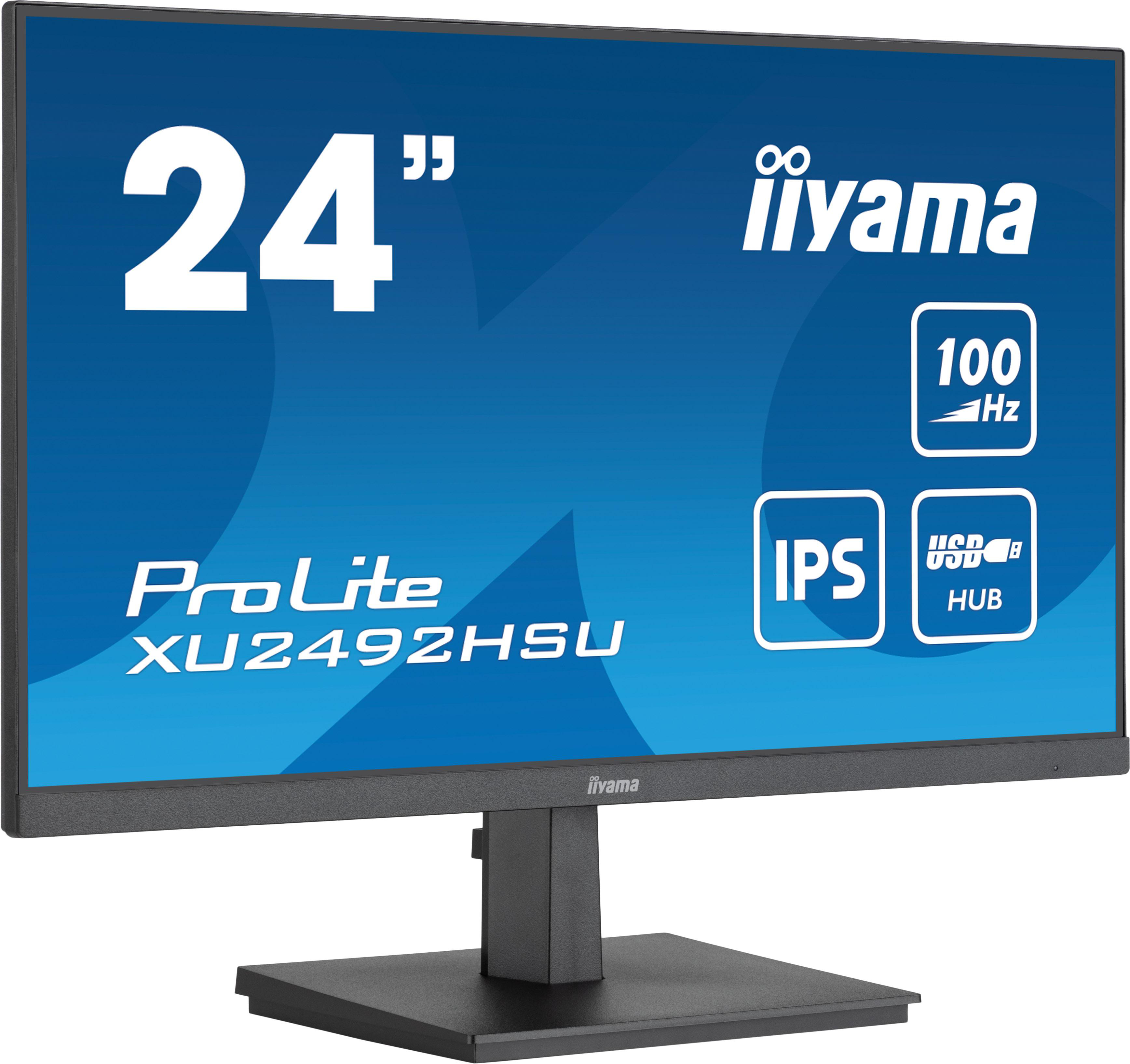 Ein 24-Zoll-iiyama ProLite-Monitor mit schwarzem Rahmen, IPS, 100 Hz und USB-HUB.