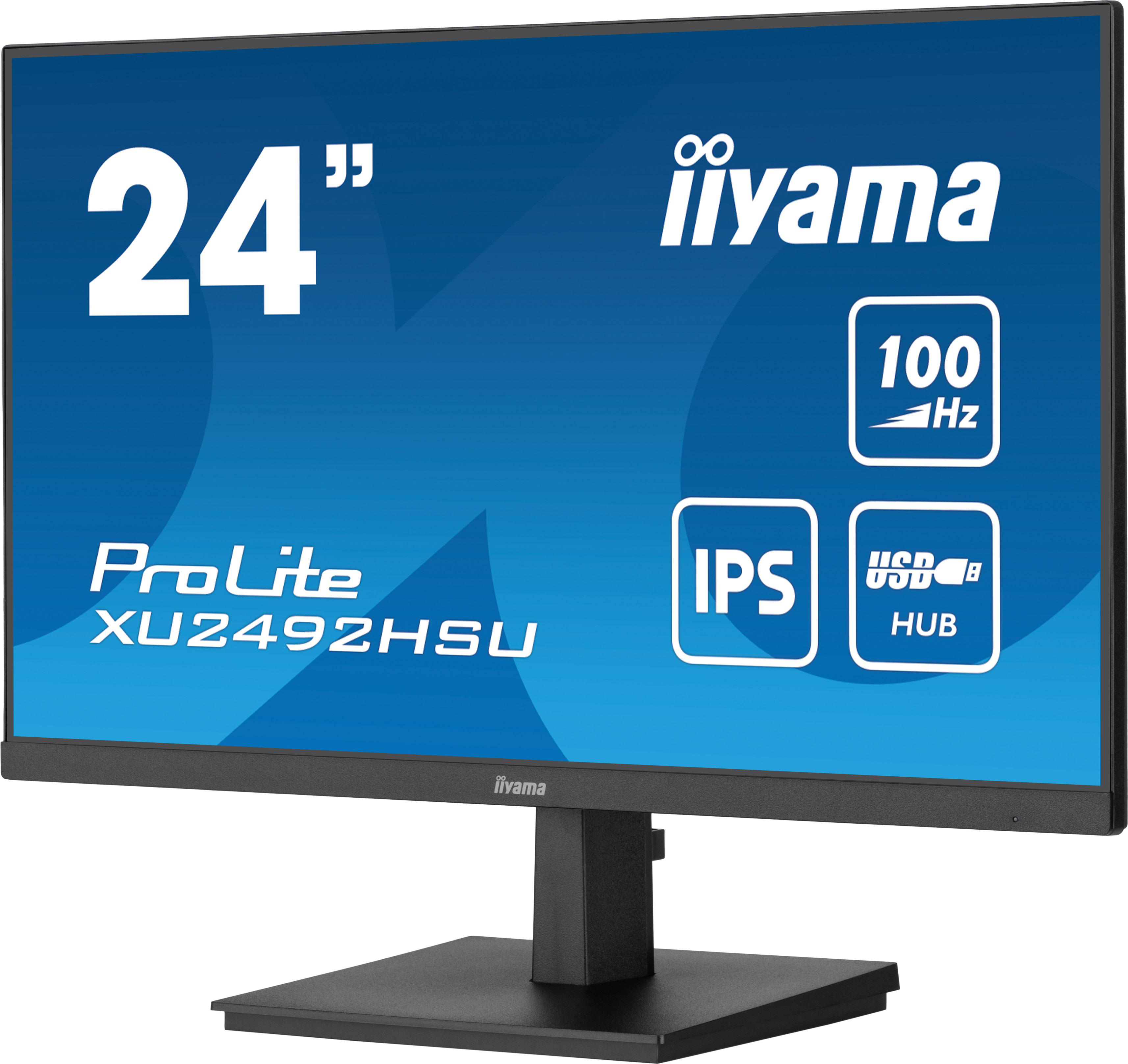 Ein 24-Zoll-Schwarz-Computer-Monitor mit blauem Bildschirm, iiyama-Logo und Spezifikationen.