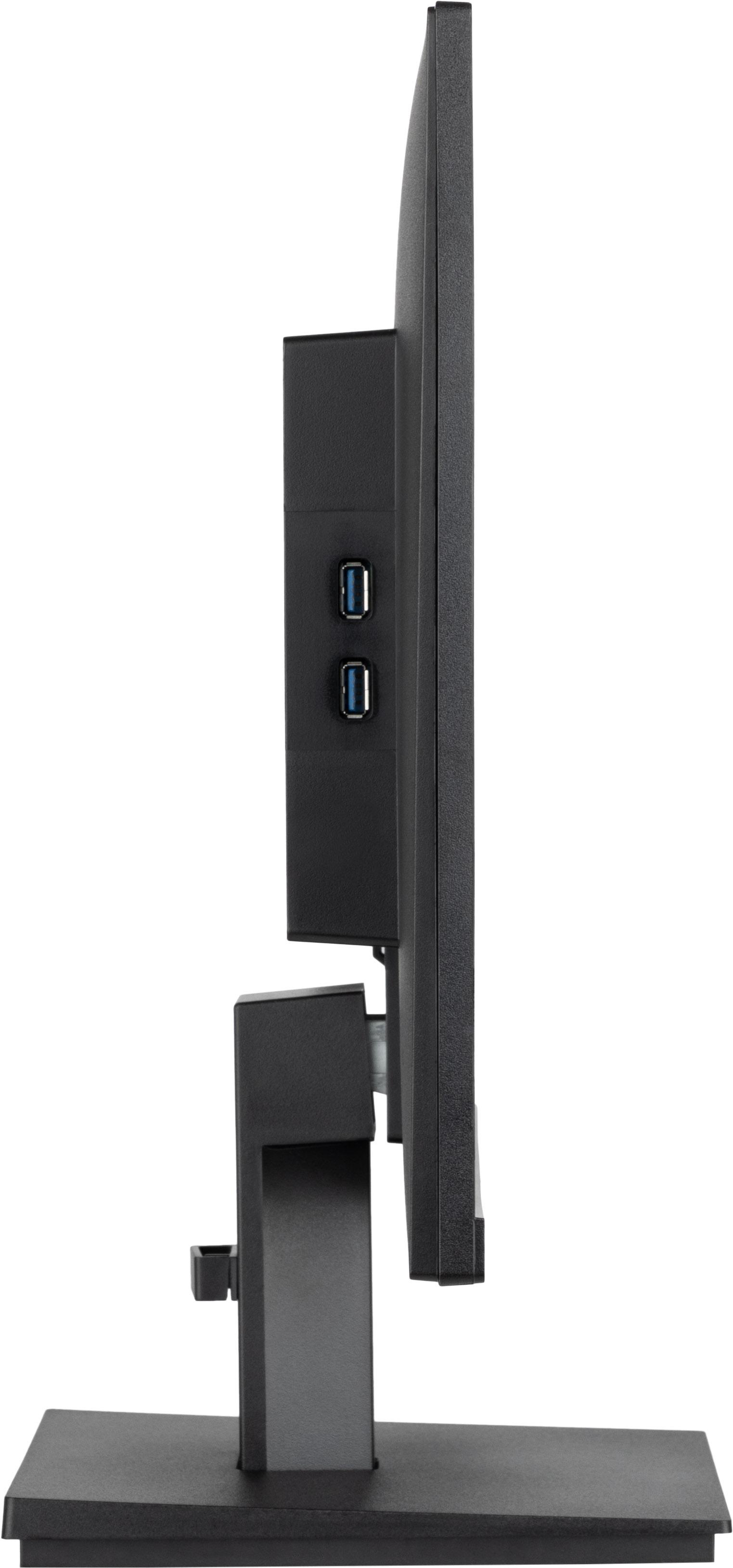 Seitenansicht eines schwarzen Monitors mit zwei USB-Anschlüssen.