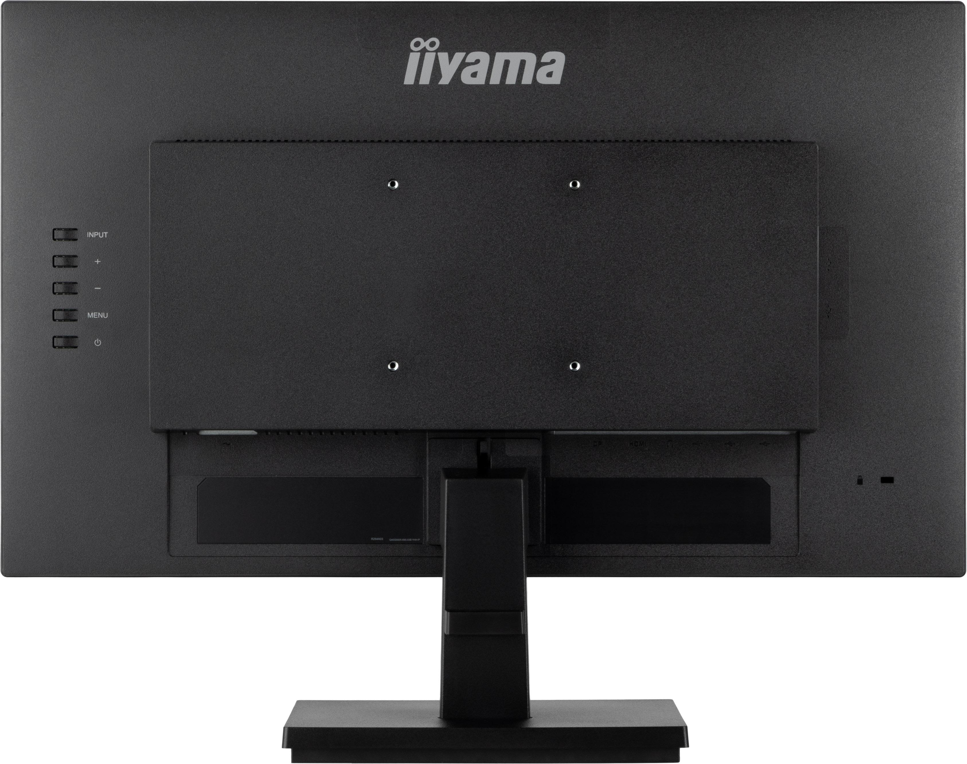 Die Rückseite eines schwarzen iiyama Monitors. Er hat Eingangsanschlüsse, Menüsteuerung und einen Ständer.