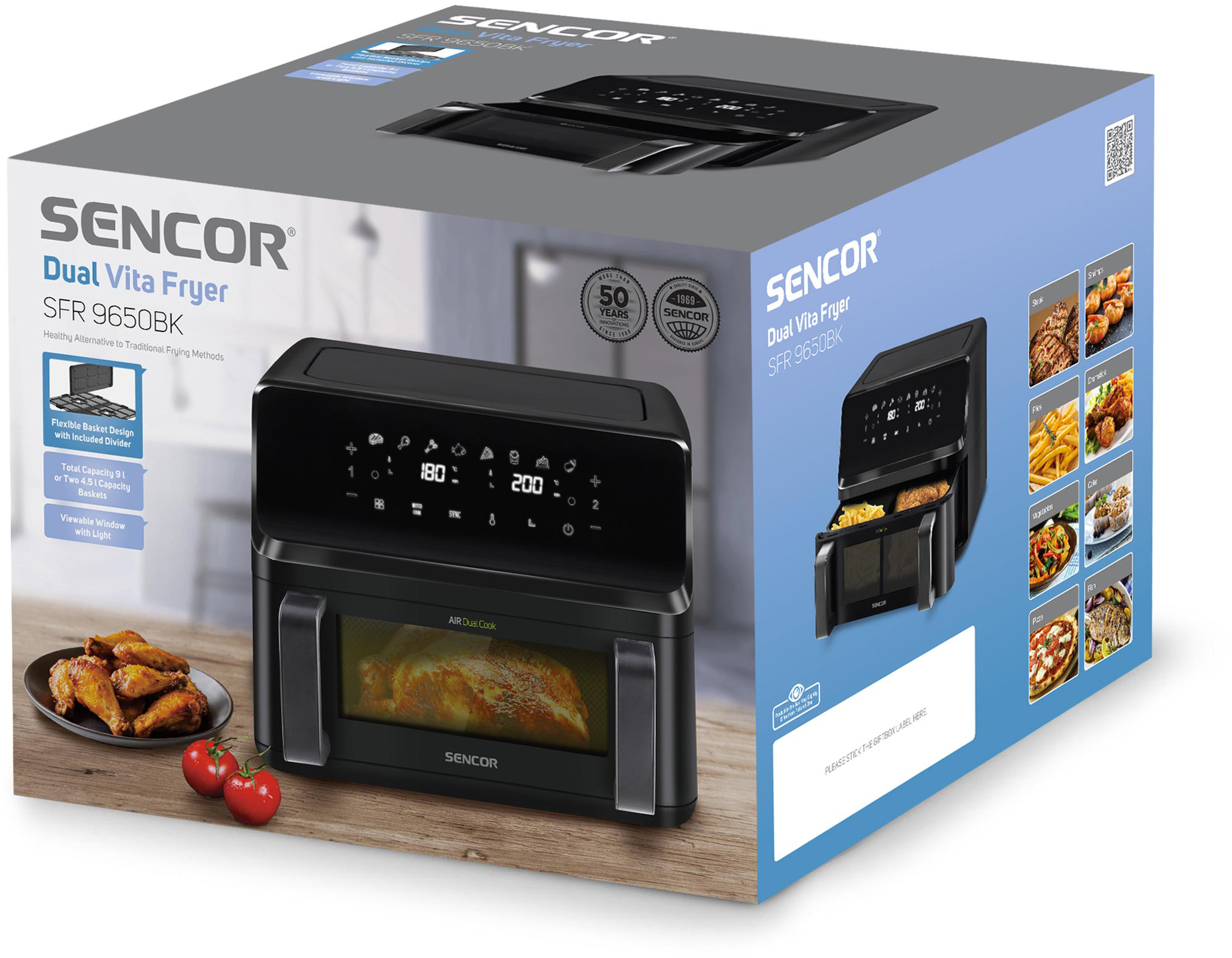 SENCOR Dual Vita Fryer doboz fritőz képpel. A fritőzt és a kosár kialakítását, ablakot mutatja.