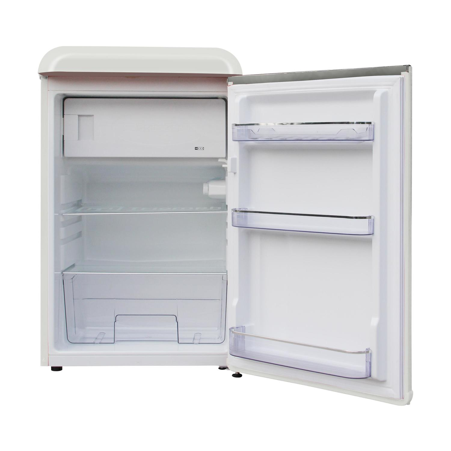 Frigorifero bianco, porta aperta, con ripiani e contenitori, vista interna.