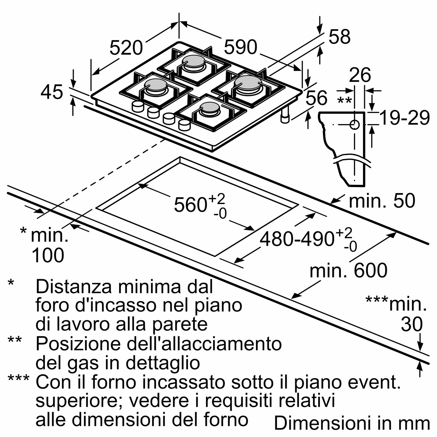 Disegno tecnico di un piano cottura con dimensioni ed etichette. Bianco e nero.