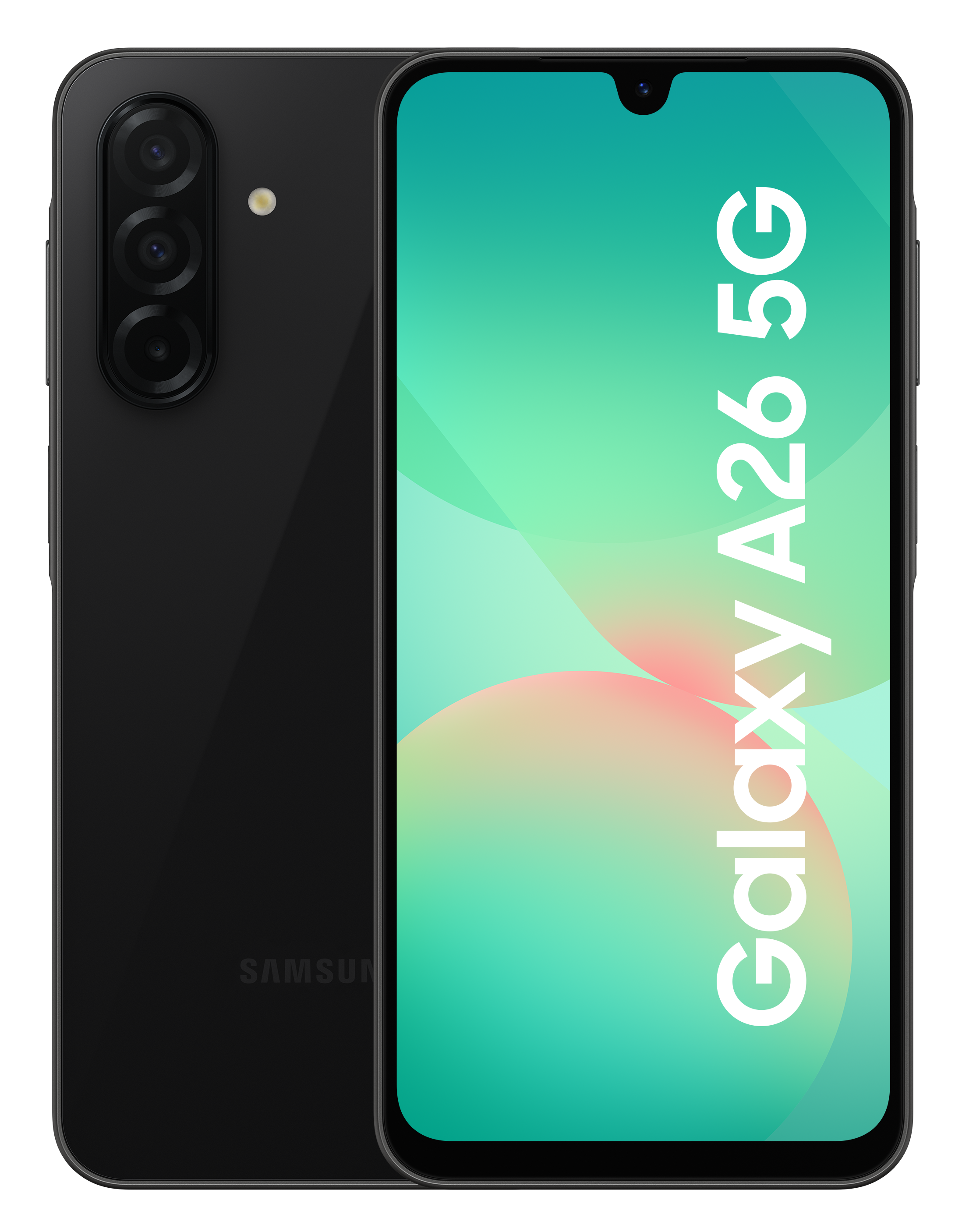 Czarny telefon Galaxy A26 5G, pokazujący ekran i tył. Biały tekst na ekranie.