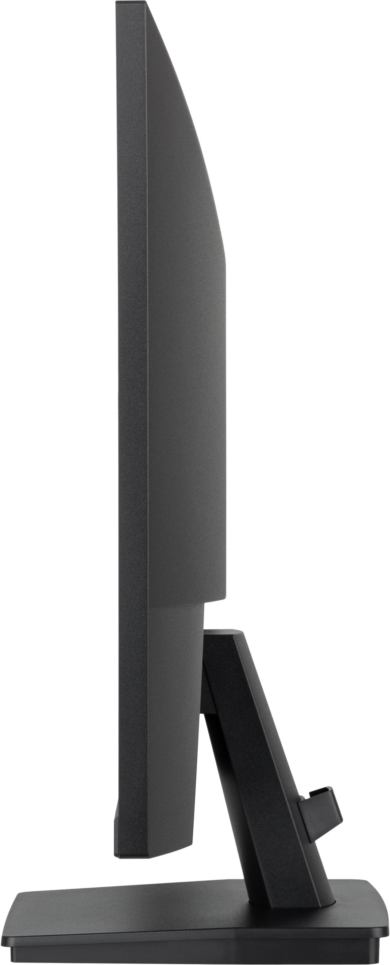 Seitenansicht eines schwarzen Computermonitors. Er hat einen Ständer und einen dünnen Rahmen.