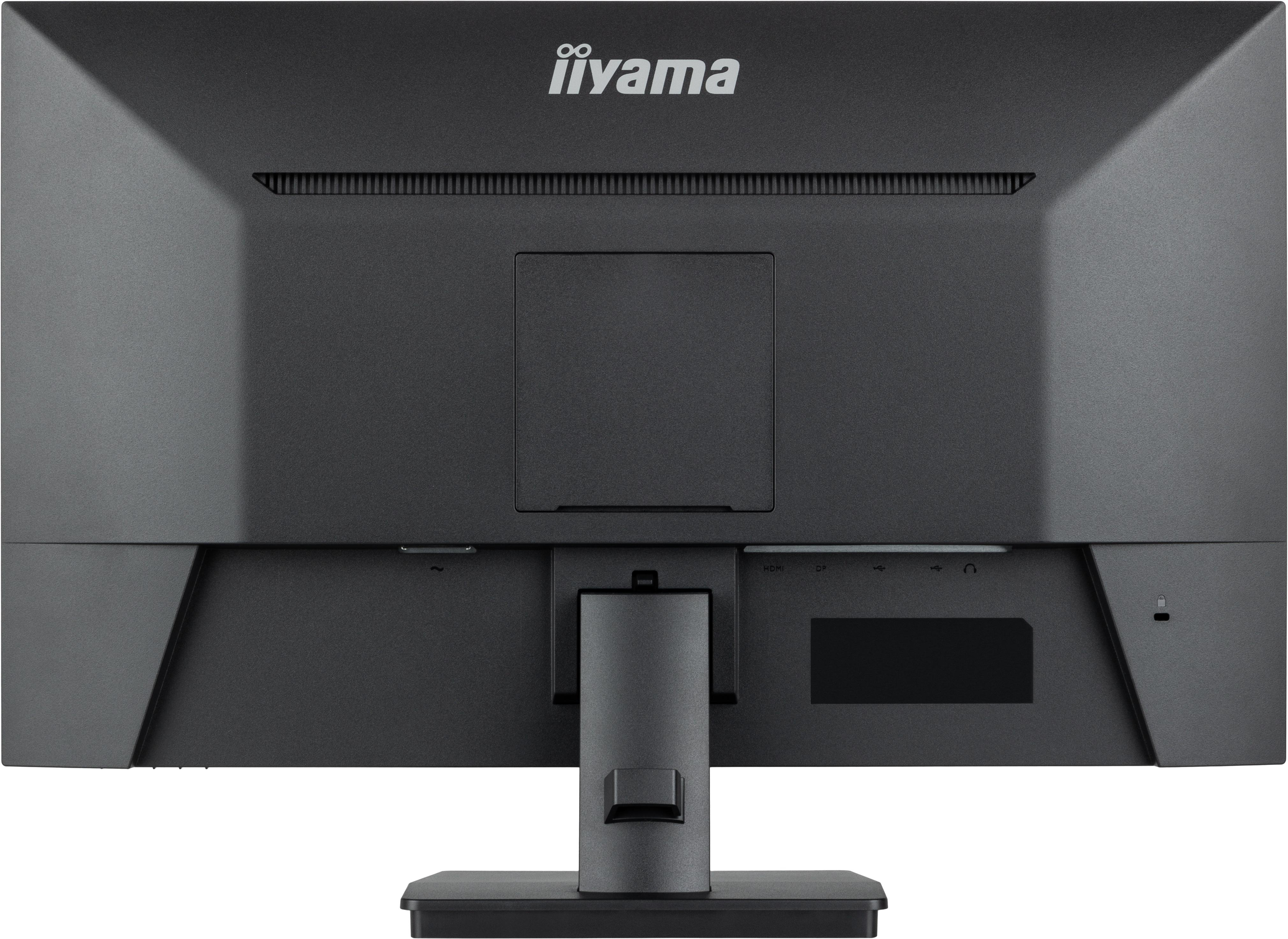 Rückseite eines schwarzen Computermonitors mit iiyama-Logo und Anschlüssen.
