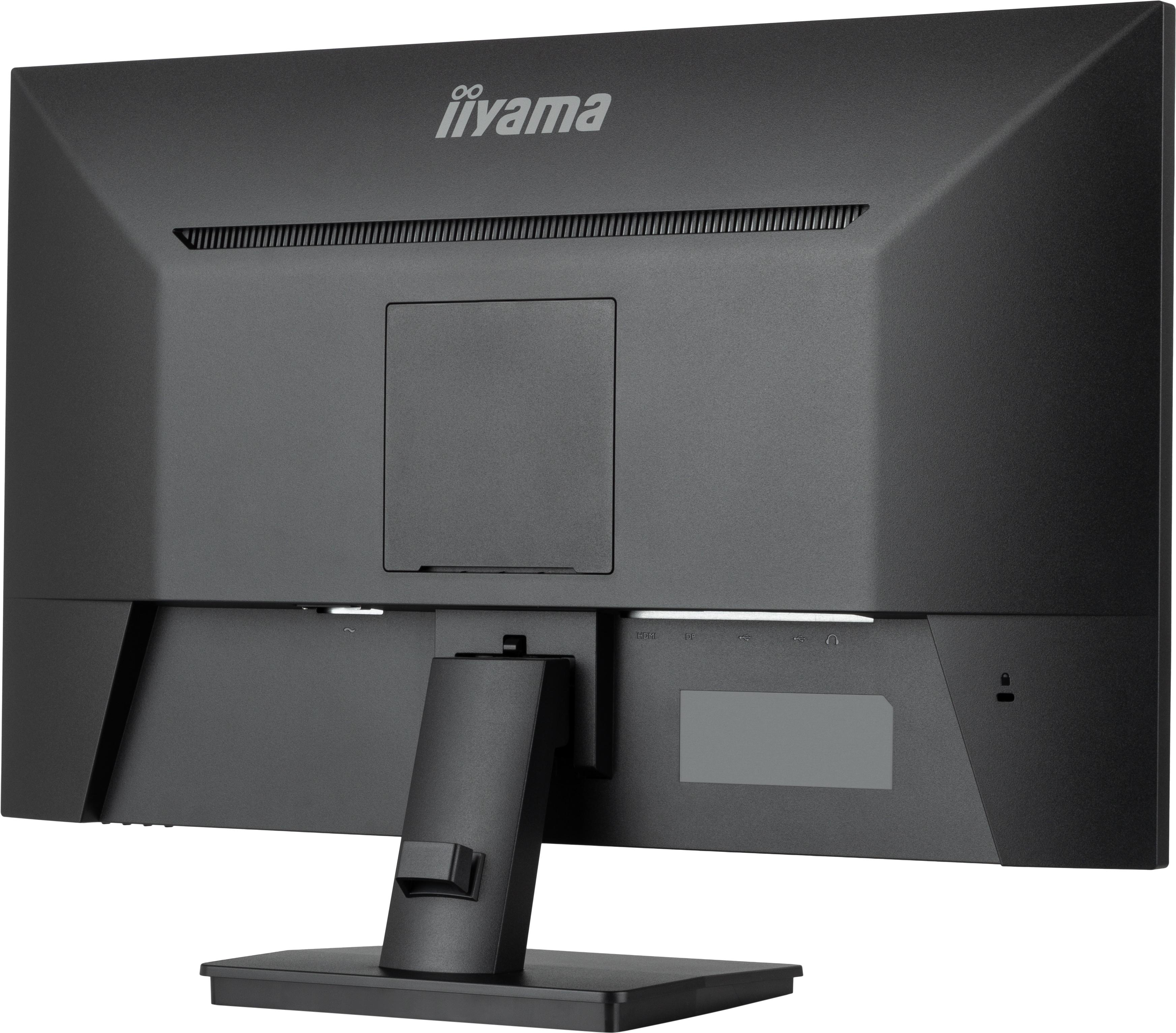 Rückseite eines schwarzen Computermonitors mit Iiyama-Logo und Ständer.