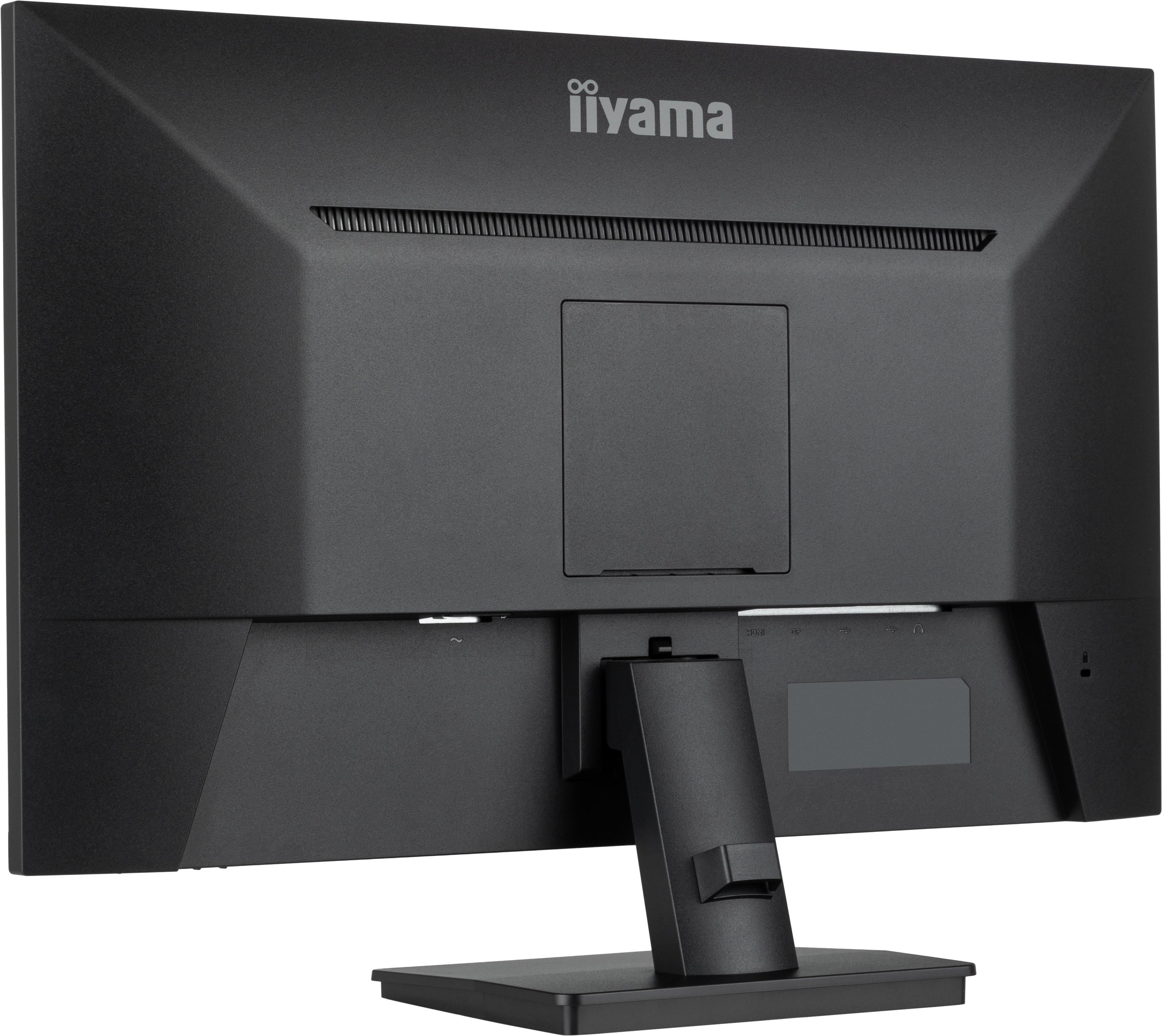 Die Rückseite eines schwarzen Computermonitors mit der Marke 'iiyama'.