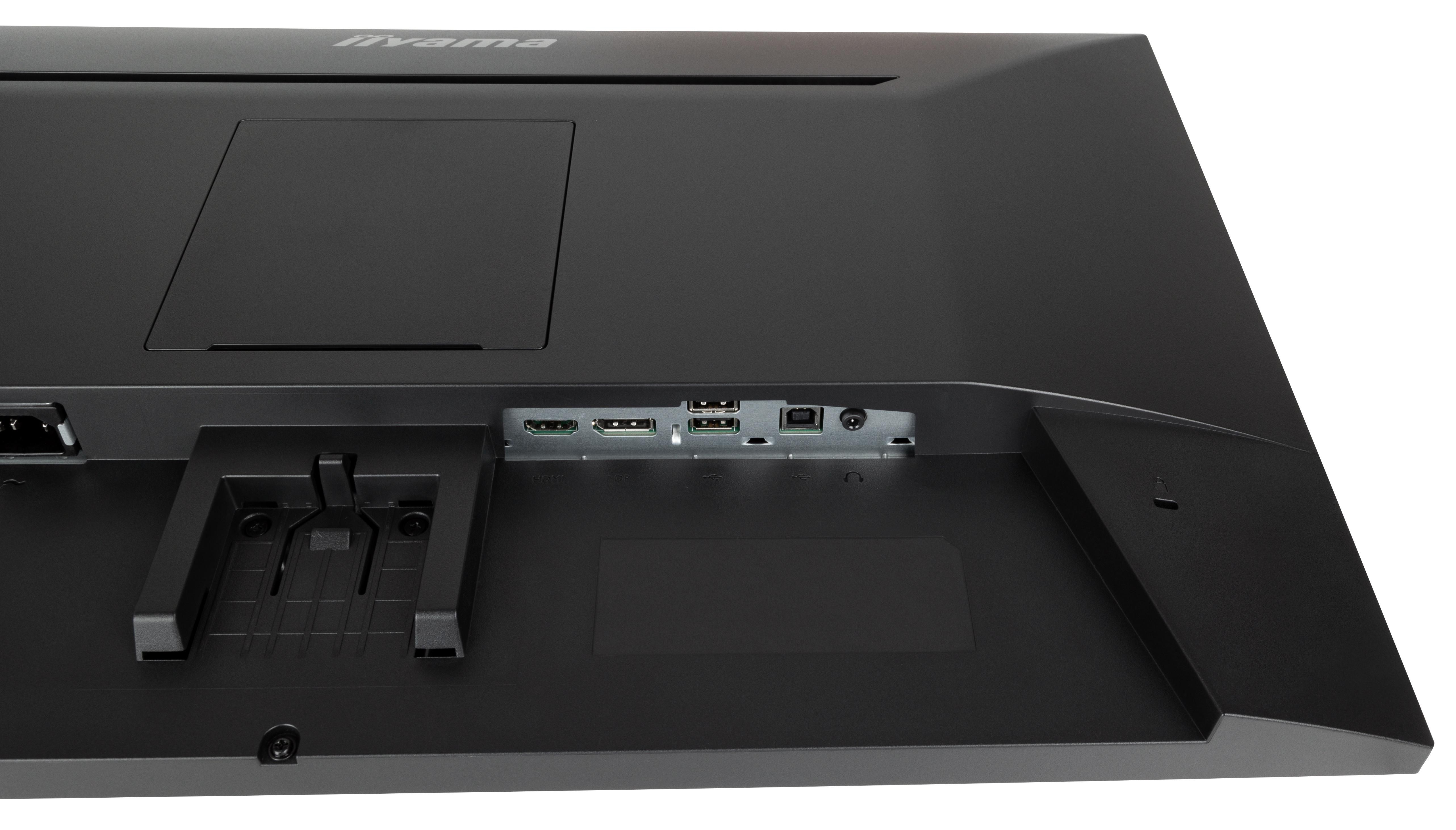 Rückseite eines schwarzen Computermonitors mit Anschlüssen.
