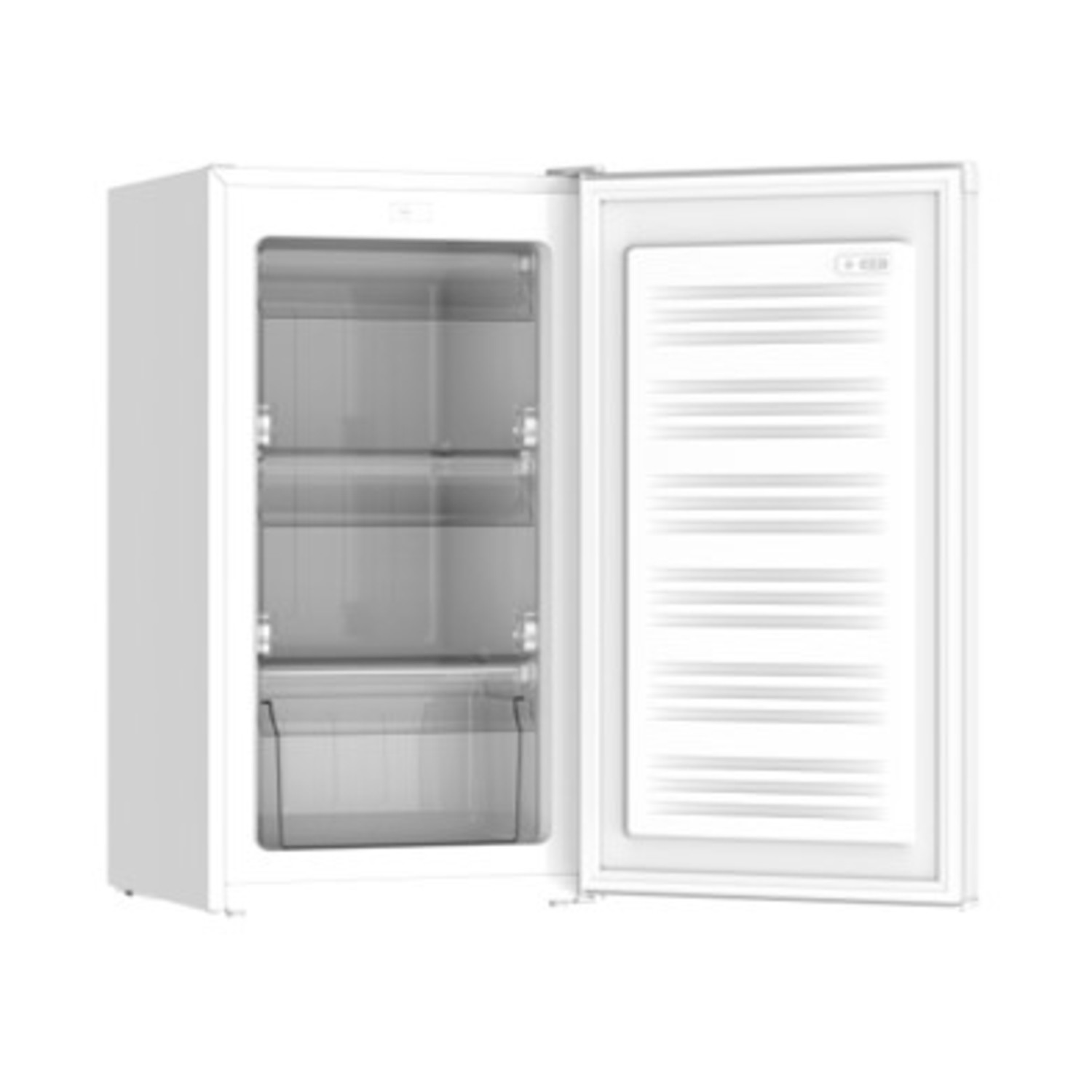 Un frigorifero bianco con la porta aperta, che mostra ripiani interni e un cassetto.