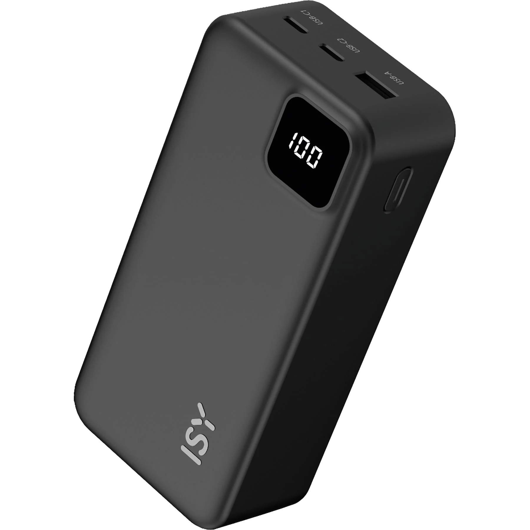 Czarny power bank z cyfrowym wyświetlaczem pokazującym 100%. Widoczne porty USB.