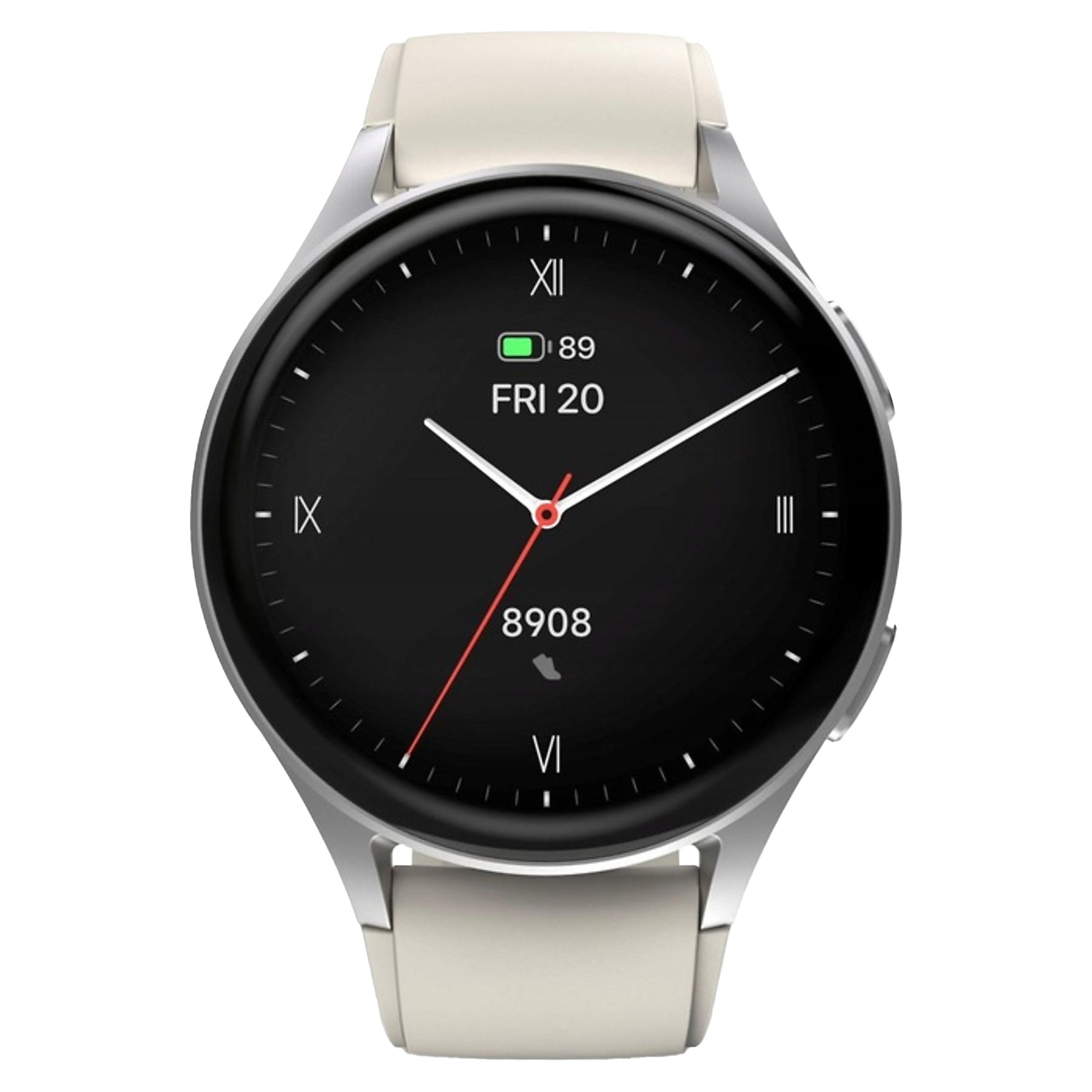 Srebrny smartwatch z czarną tarczą pokazującą godzinę, datę i kroki.