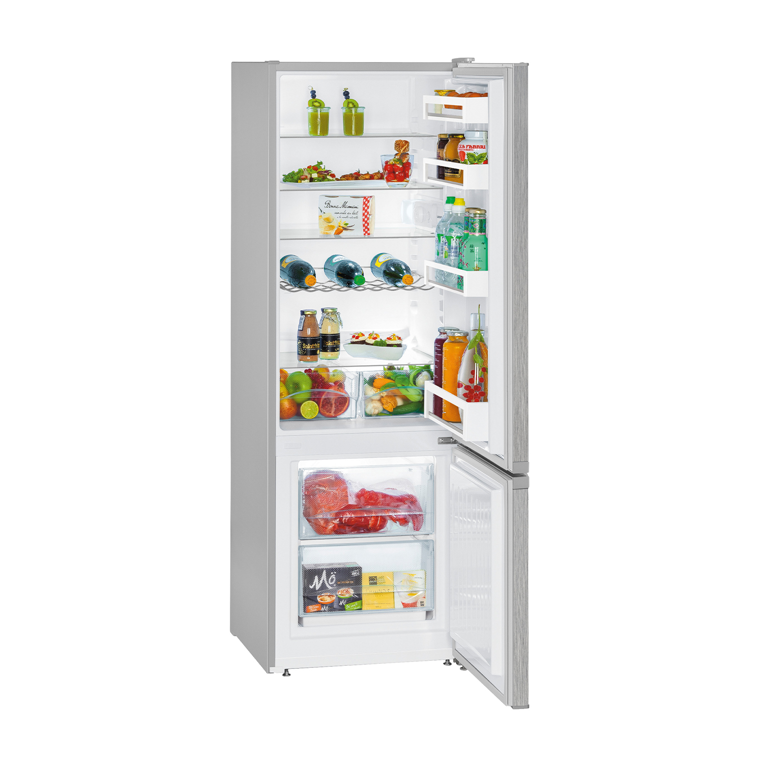 Un frigorifero con la porta aperta, pieno di cibo e bevande.