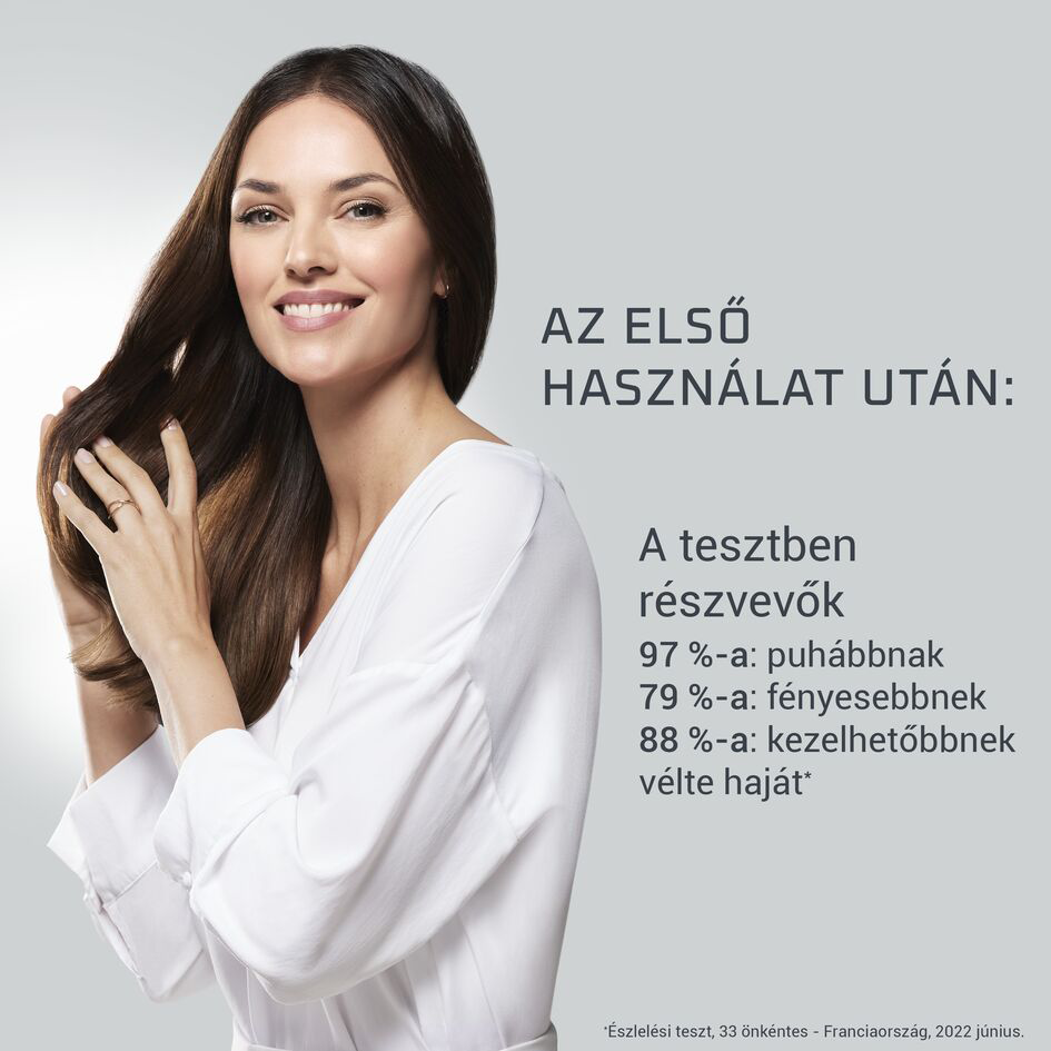 Egy nő fényes hajjal, hajterméket reklámoz. A magyar szöveg használat utáni eredményeket mutat.