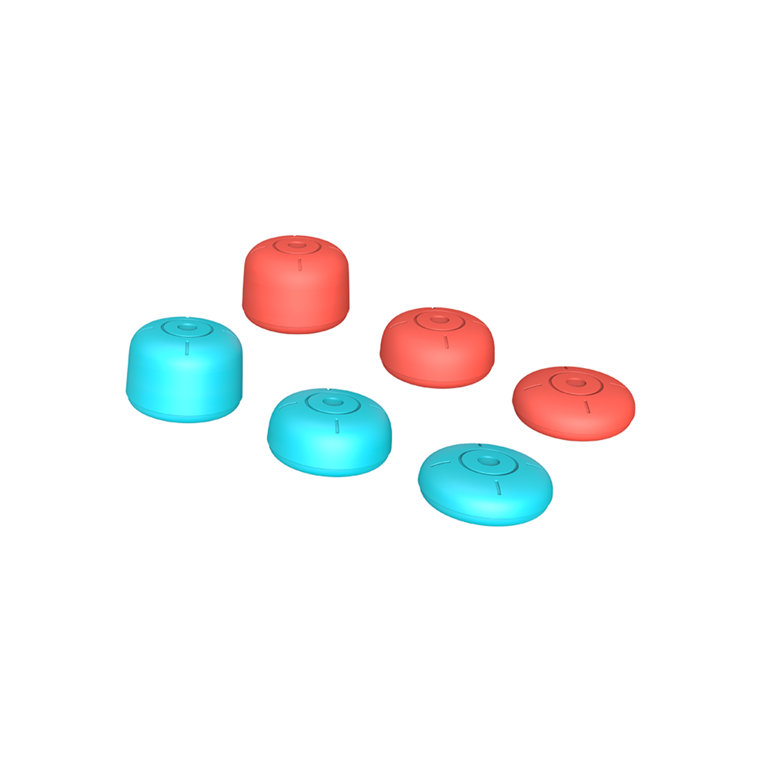 Earbud tips. Red and light blue, different shapes. Black background.