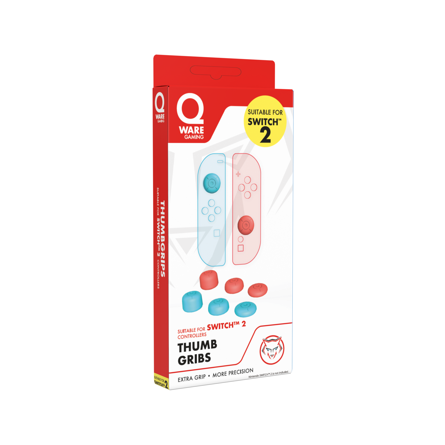 Thumb grips for Switch 2 controllers. Red and blue. Black background.
