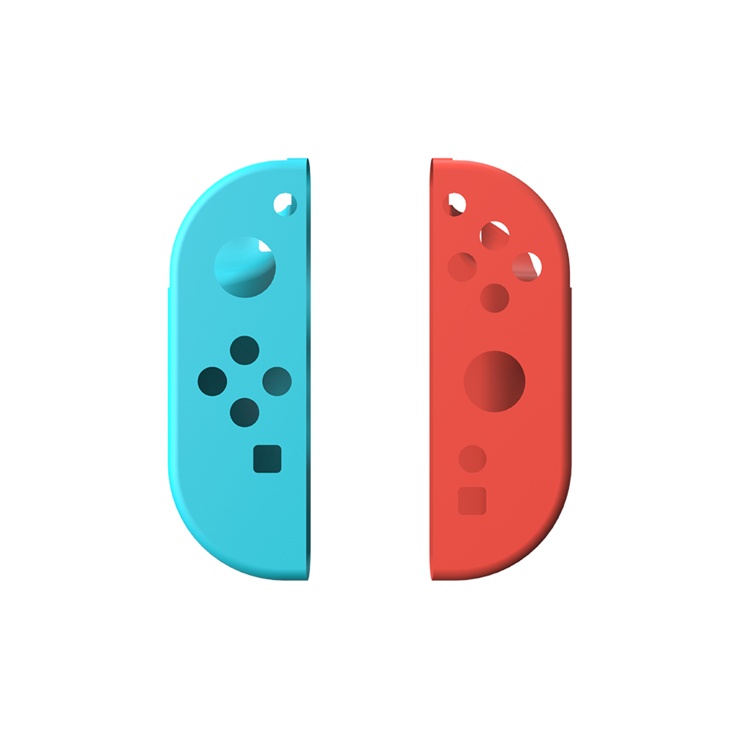 Twee Nintendo Switch controllers. Eén blauw, één rood. Knoppen en joysticks zichtbaar.