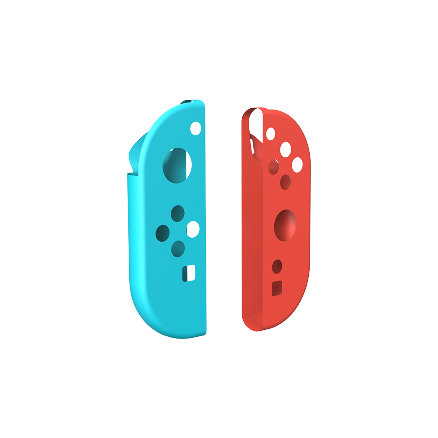 Twee gekleurde joy-cons, één blauw, één rood, voor de Nintendo Switch, tegen een zwarte achtergrond.