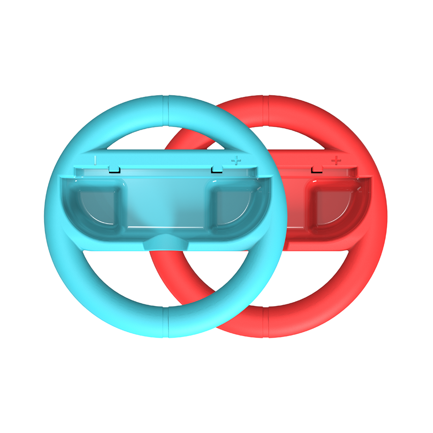 Deux manettes de volant bleues et rouges pour une console de jeu, devant un fond noir.