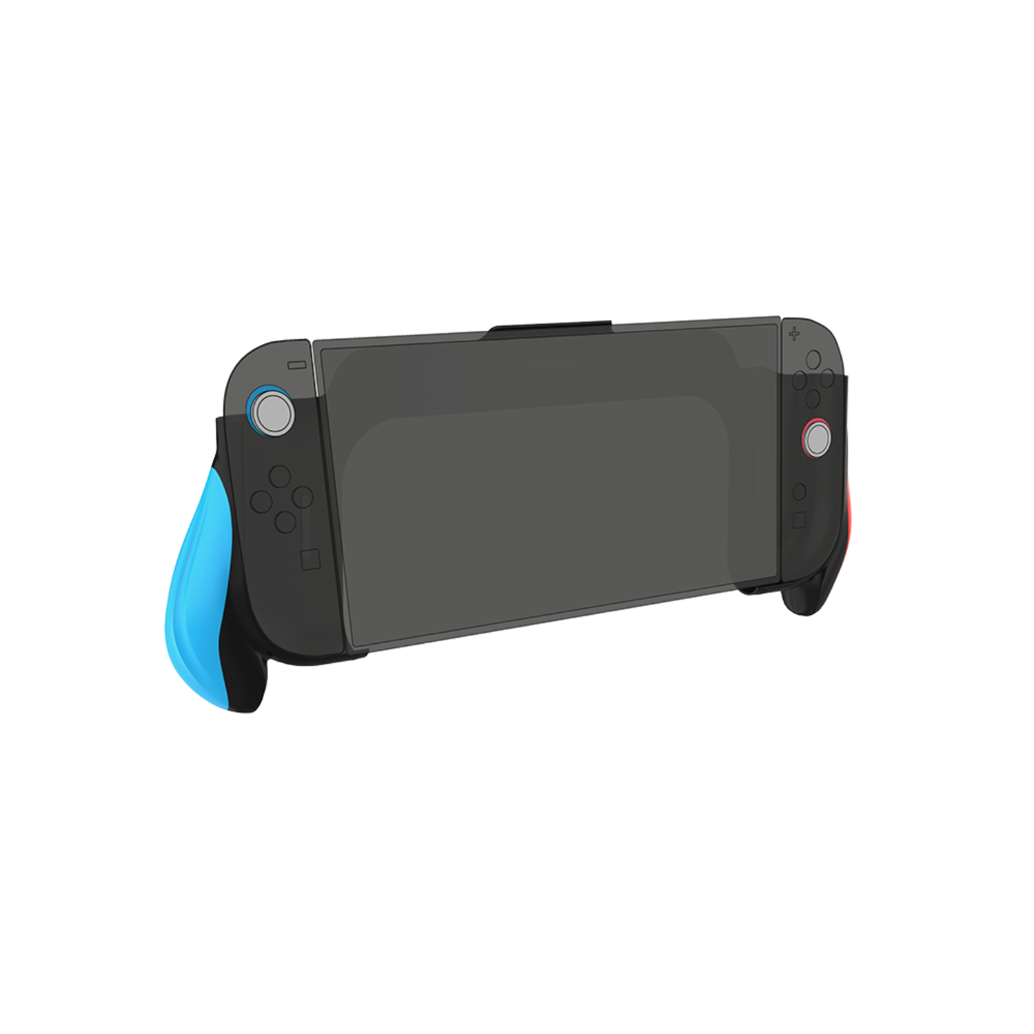 Une Nintendo Switch noire et bleue avec des manettes attachées.