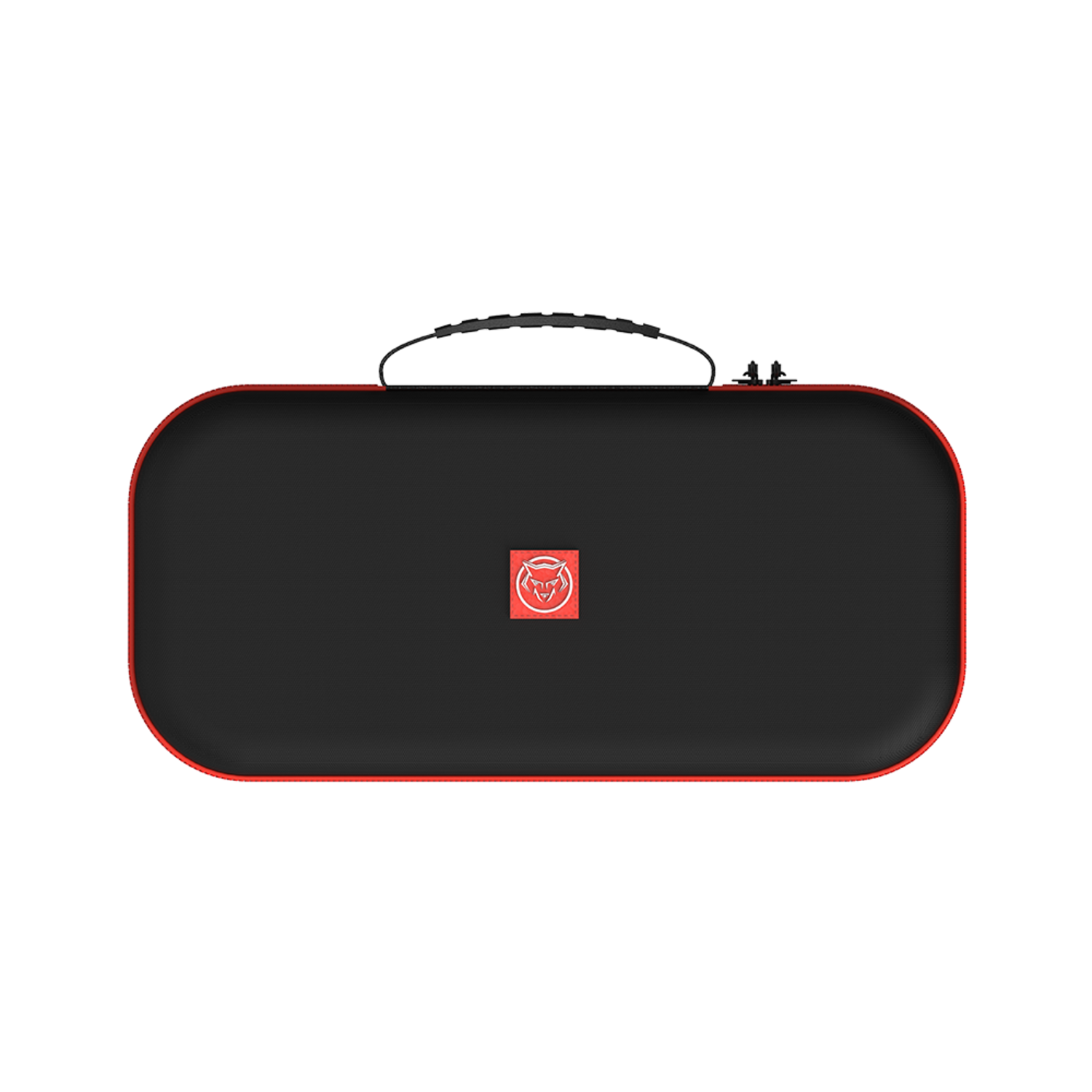 Étui noir avec bordure rouge et logo.