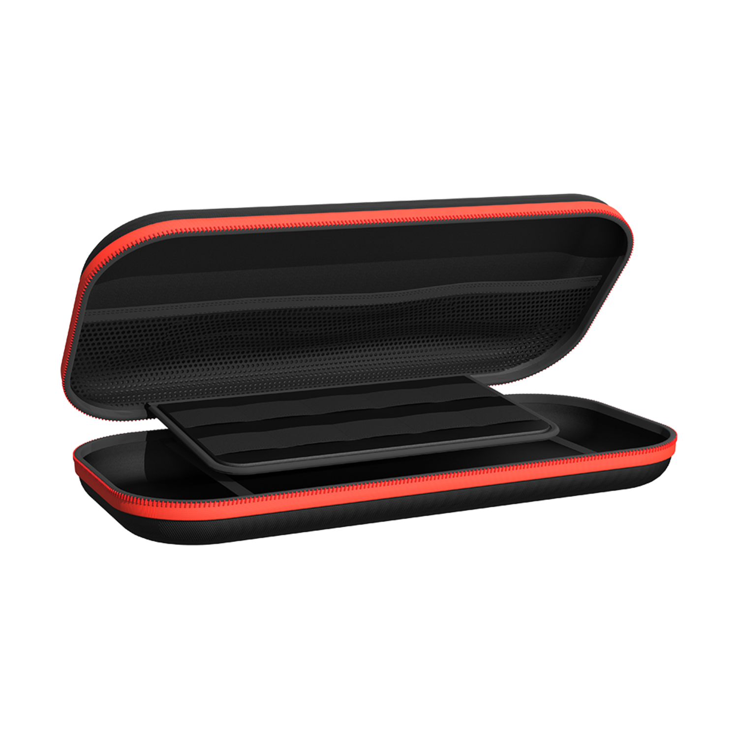Étui noir et rouge ouvert avec un insert noir. L'étui est sur fond noir.