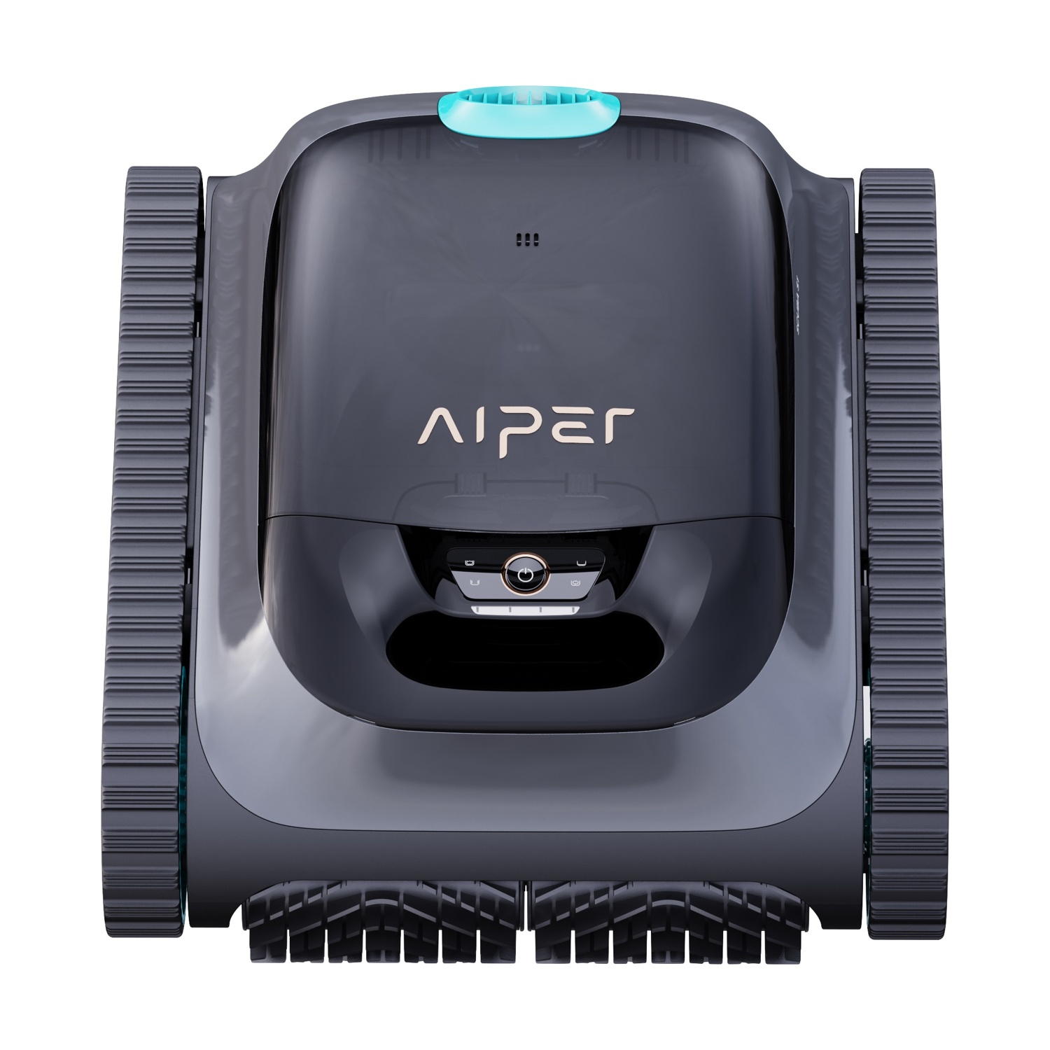Aspirapolvere robot nero con parte superiore turchese e cingoli neri.