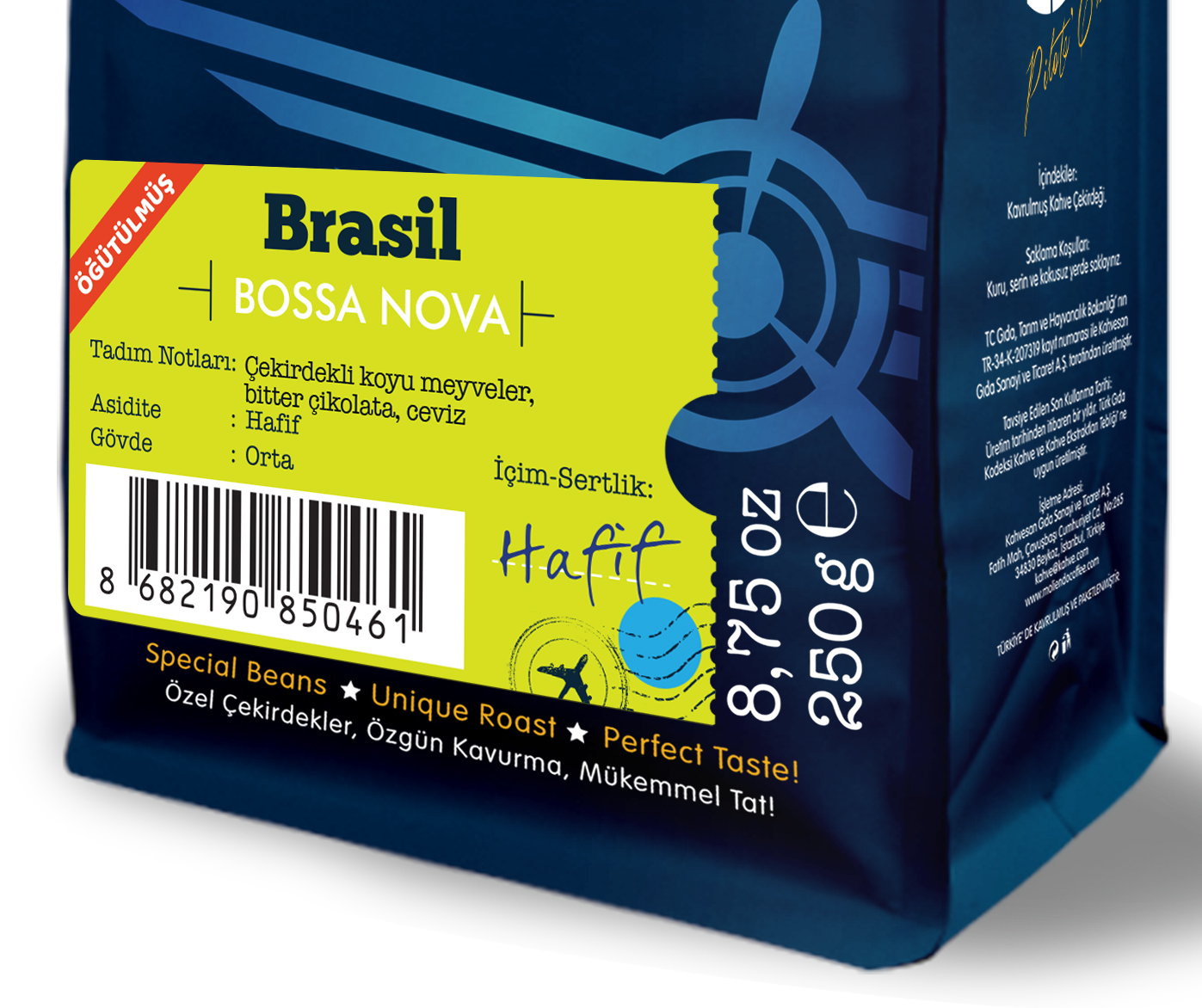 Türkçe ve İngilizce metinli kahve poşeti. Etiket: Brasil Bossa Nova.