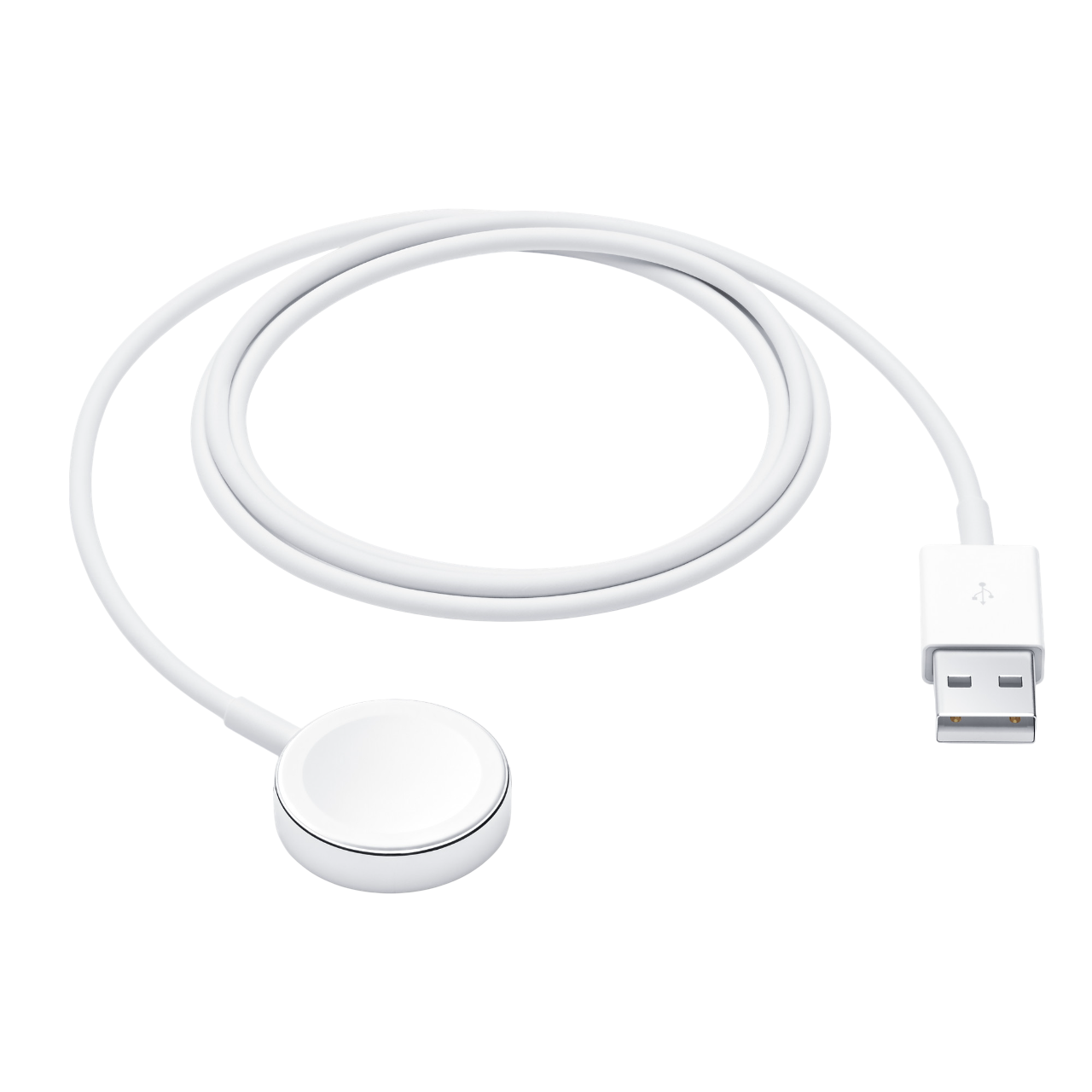 Apple Watch şarj kablosu: Beyaz kablo, yuvarlak şarj cihazı ve USB ucu. Siyah arka plan.