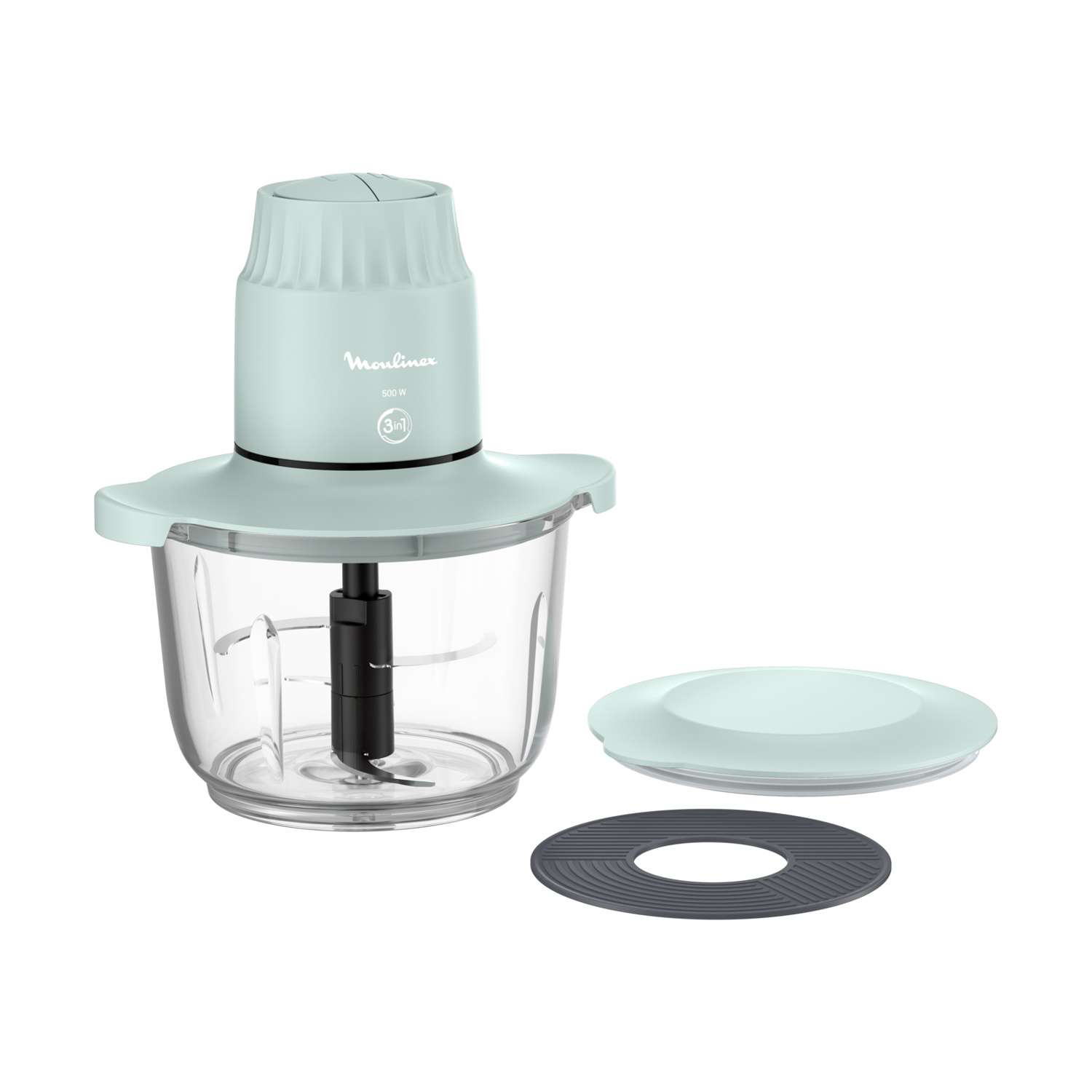 Un robot da cucina con una ciotola trasparente, un coperchio blu e accessori, su sfondo bianco.