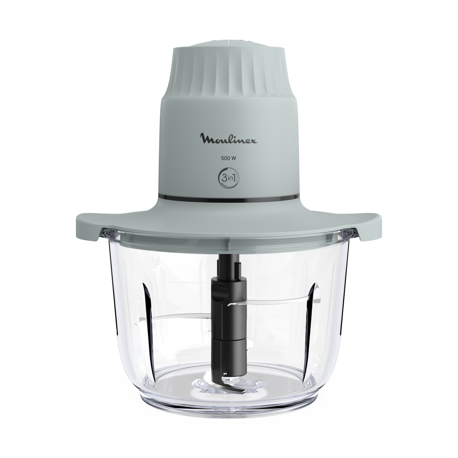 Robot da cucina Moulinex con funzione 3in1, grigio chiaro, su sfondo bianco.