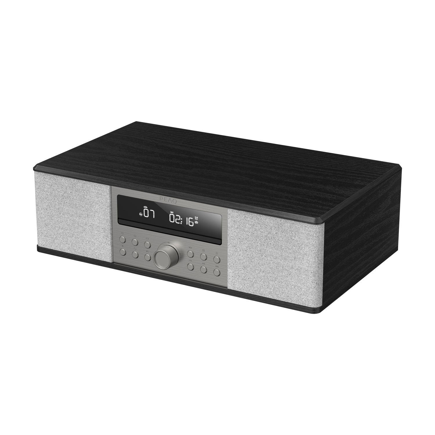 Un impianto stereo nero e argento con display digitale, pulsanti e altoparlanti su entrambi i lati.