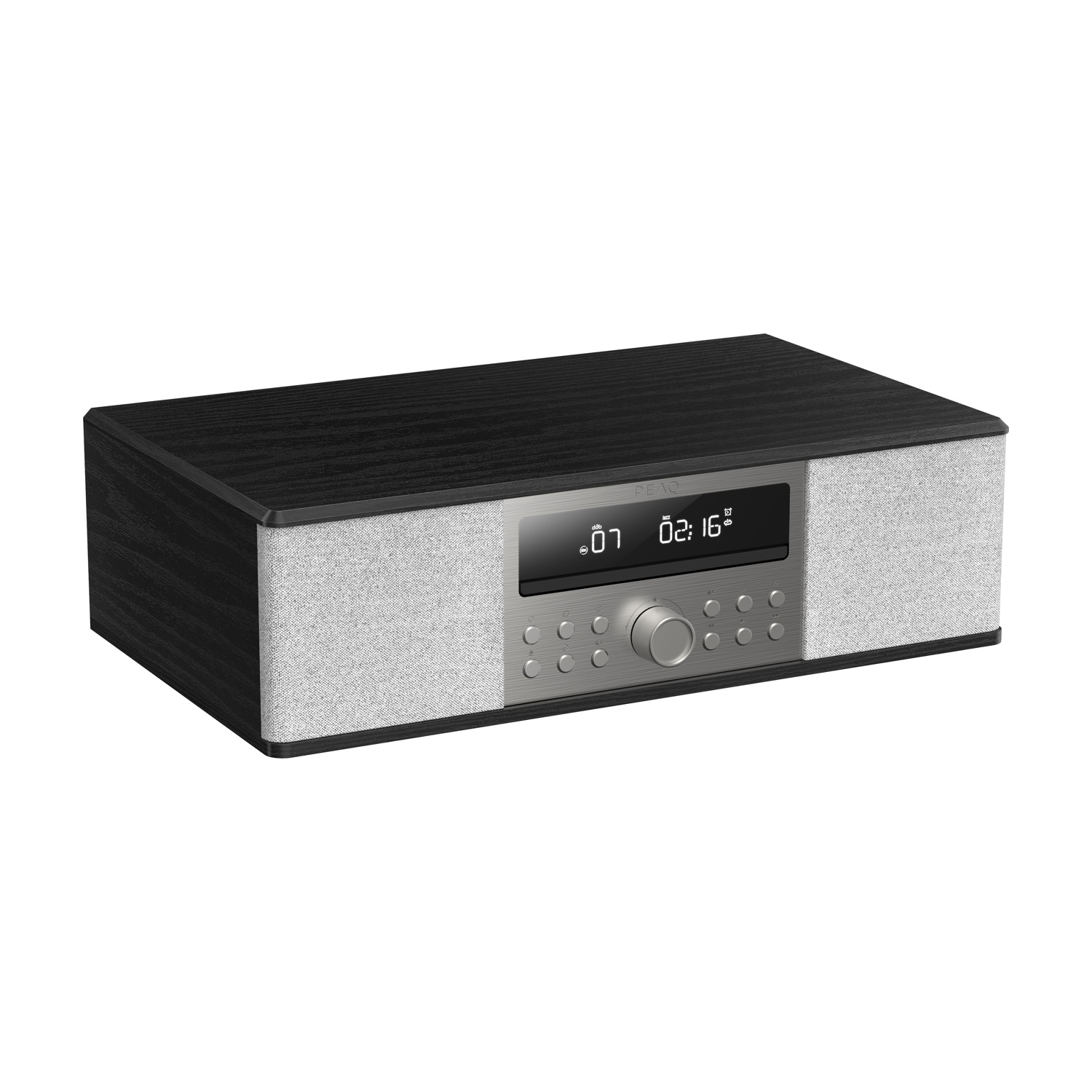 Impianto stereo nero e legno con display e pulsanti.