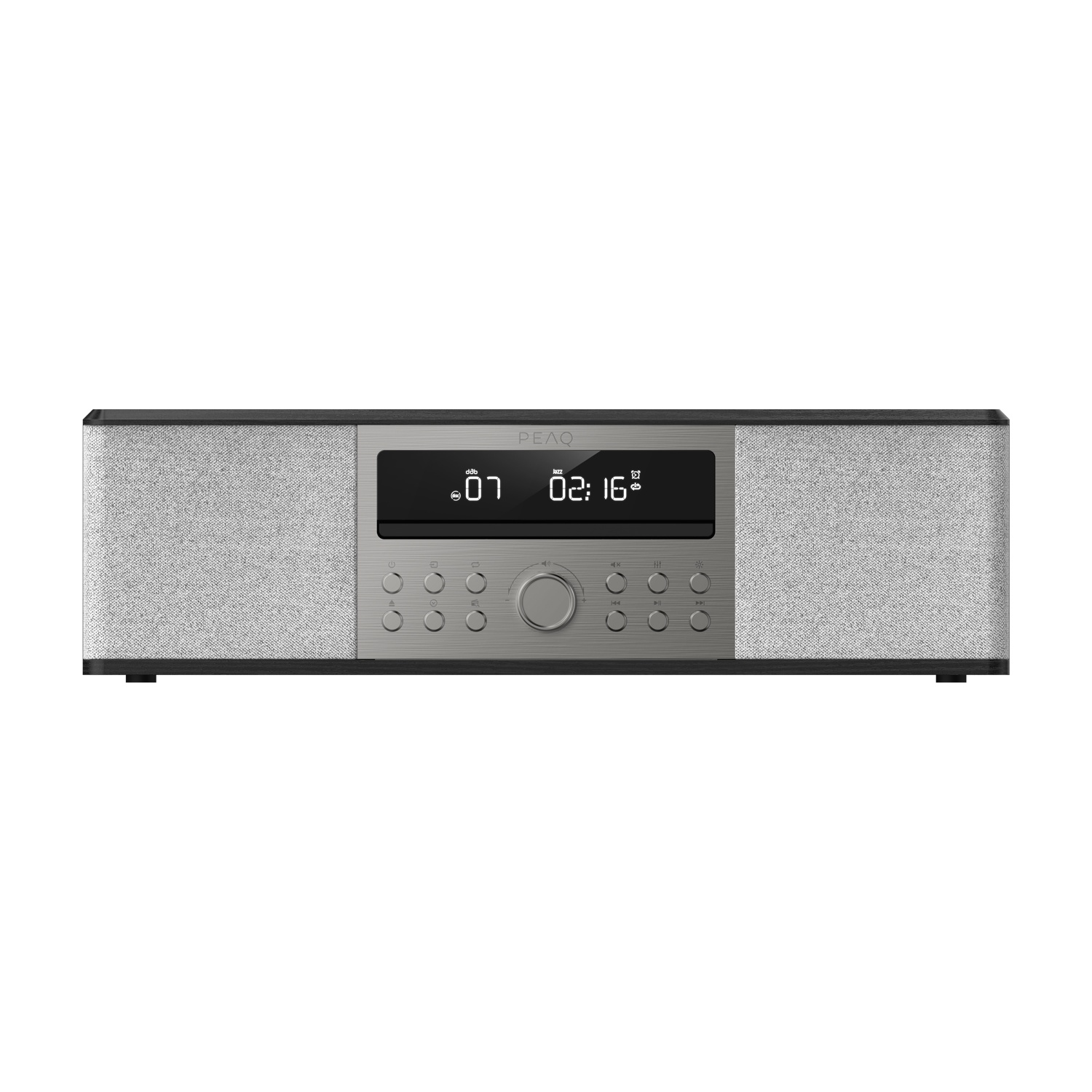 Sistema audio rettangolare argento e grigio con display digitale e pulsanti di controllo.