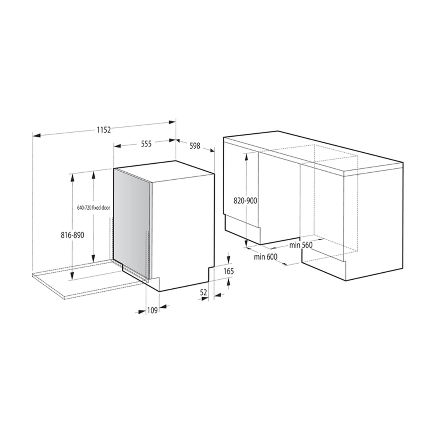 Schema di un forno a incasso, con dimensioni e dettagli di installazione, in bianco e nero.