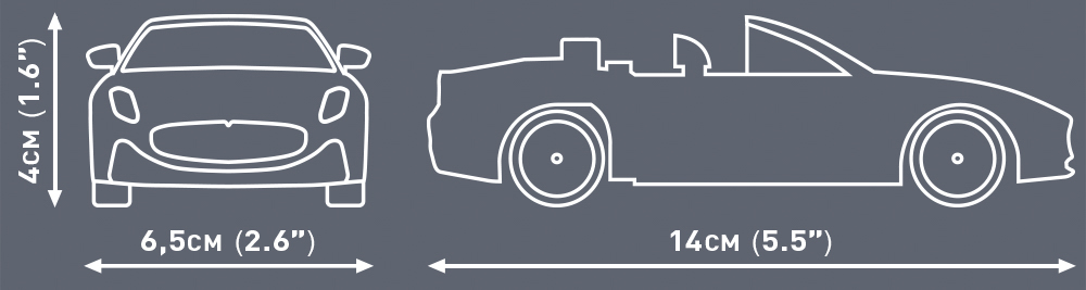 Diagramm eines Autos, das seine Vorder- und Seitenansicht mit Abmessungen in Zentimetern und Zoll zeigt.