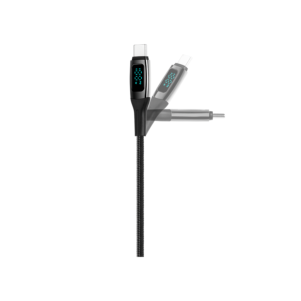 Siyah USB-C şarj kablosu, iki ucu var, siyah arka planda dijital yüzde okumaları gösteriyor.