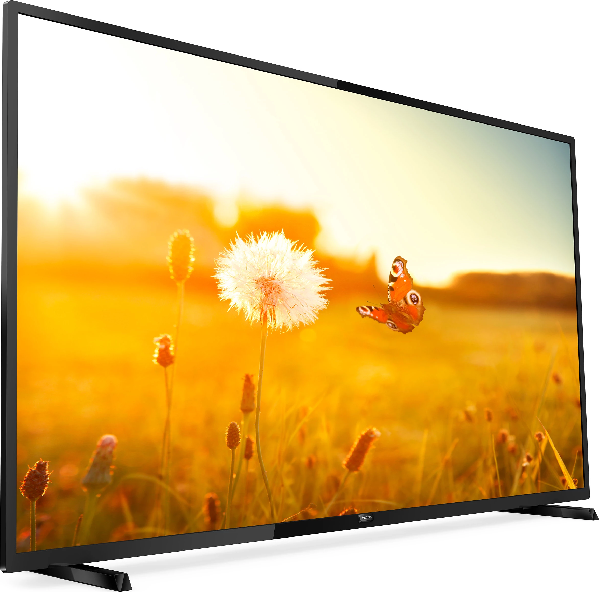 Ein Flachbildfernseher, der ein Blumenfeld und einen Schmetterling zeigt, in einer sonnigen Umgebung.