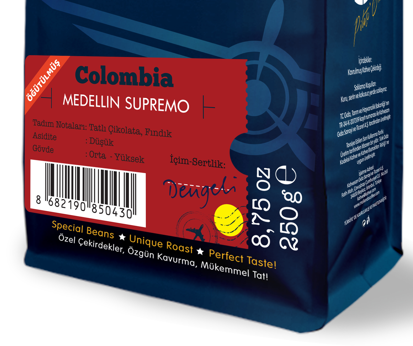 Kahve paketi, 'Colombia Medellin Supremo' yazısı. Kırmızı ve mavi renkler. Barkod içerir.