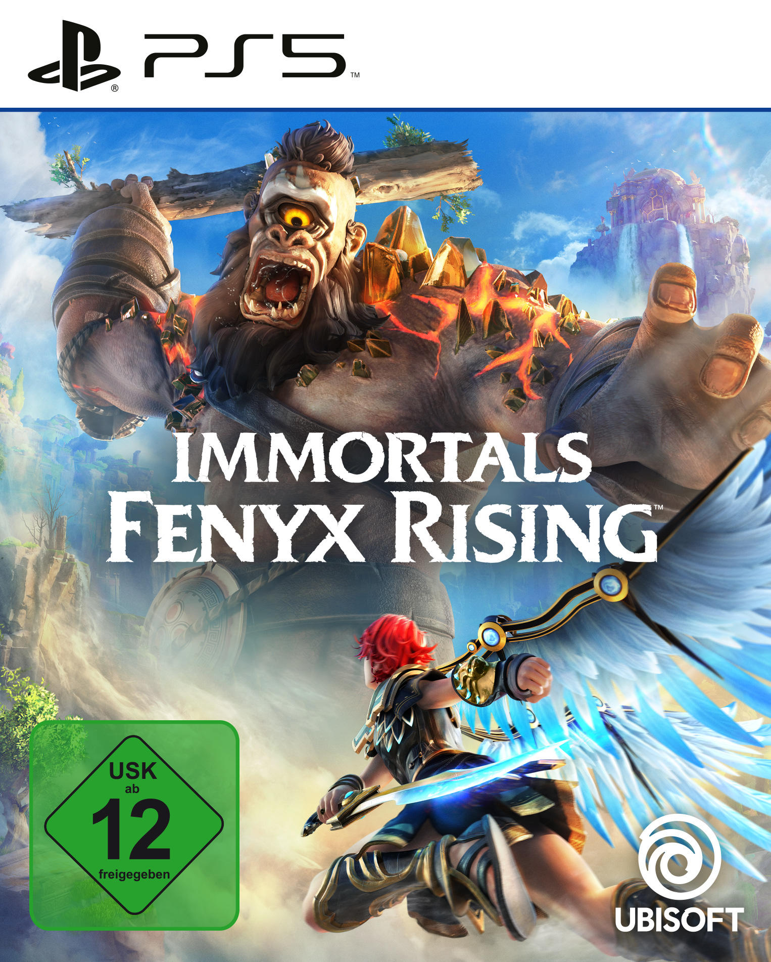PS5-Spielcover: Immortals Fenyx Rising. Riese mit Feuer. Charakter mit Flügeln. Grüne USK-Bewertung.