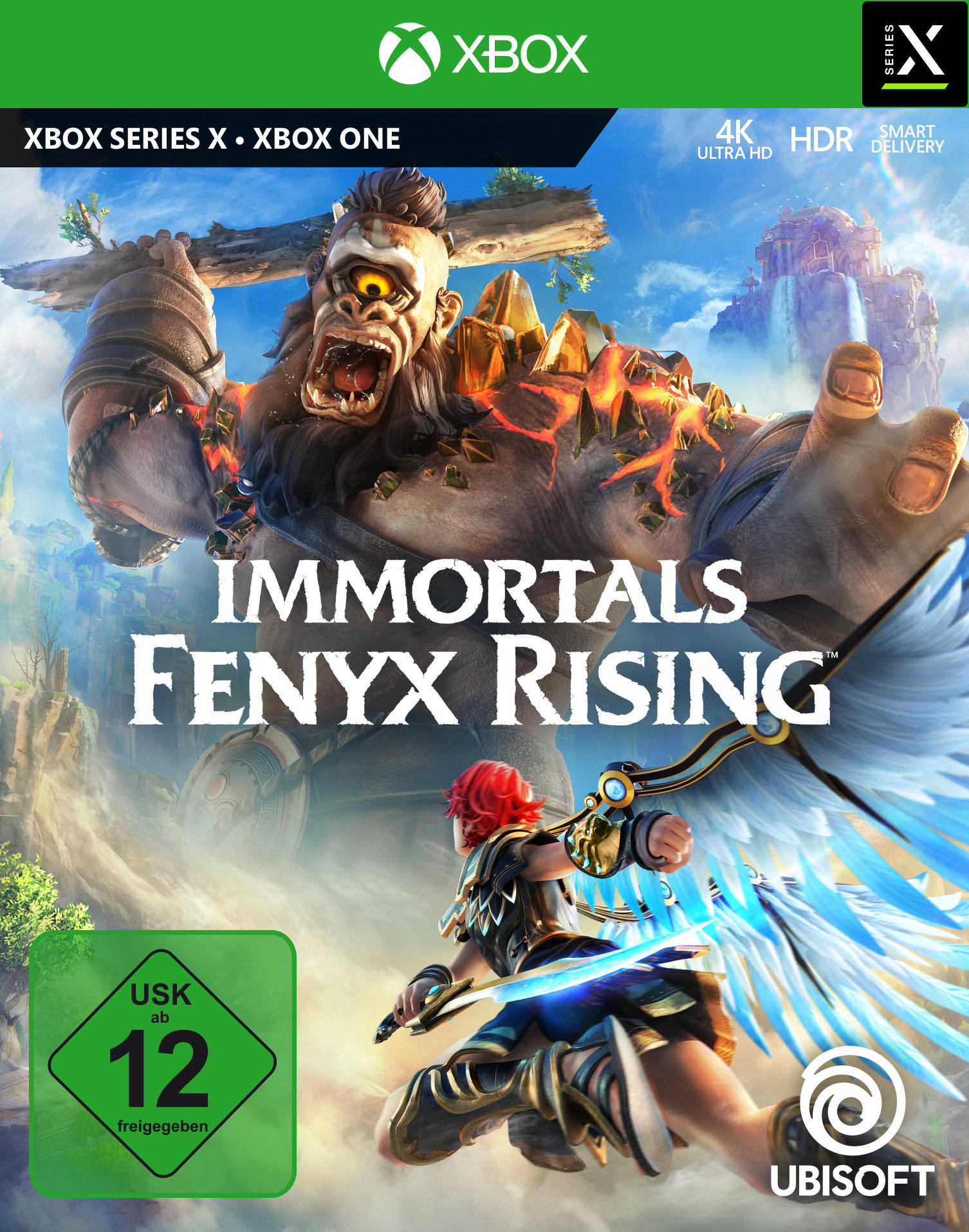 Xbox-Spielcover: 'Immortals Fenyx Rising', eine Figur mit Flügeln und einem Schwert.