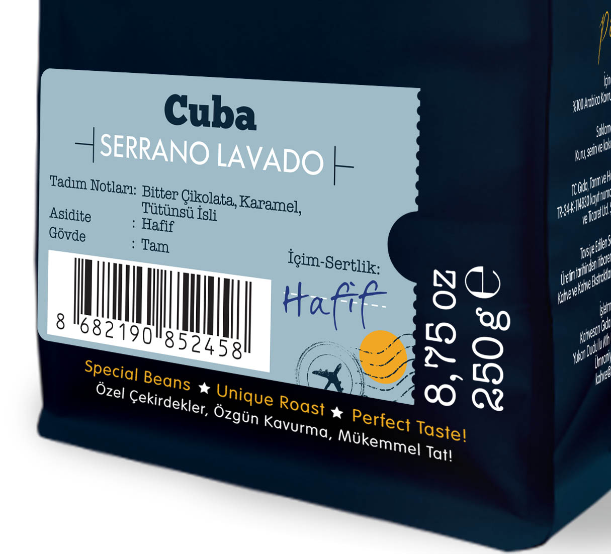 Kahve poşeti: Cuba Serrano Lavado. Etiket detayları: acı çikolata, karamel, dumanlı. 8.75 oz, 250 g.