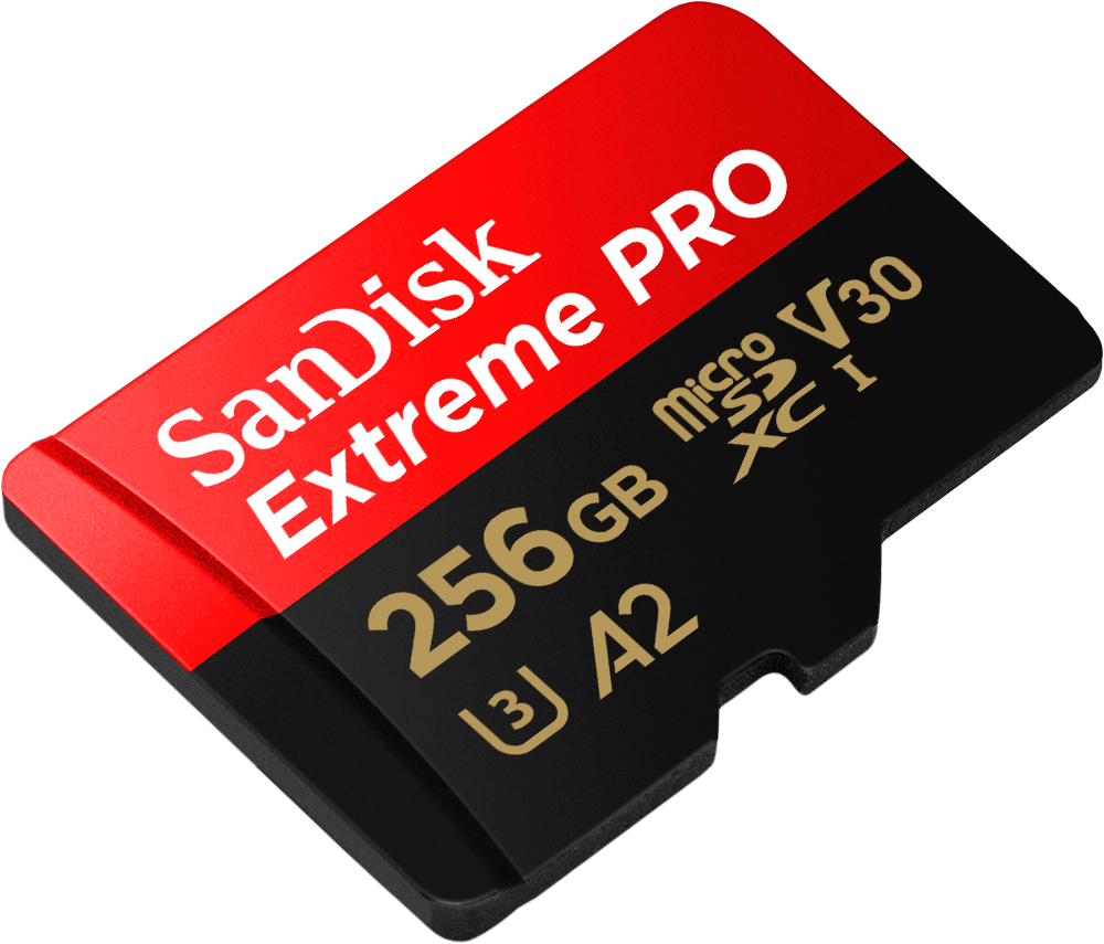 Kırmızı ve siyah bir SanDisk Extreme PRO microSD kartı.