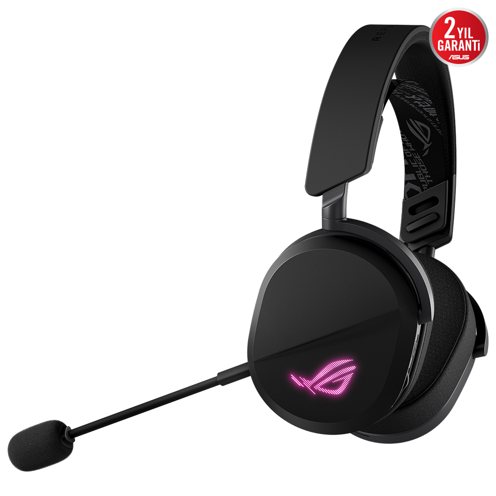 Mikrofonlu siyah ASUS oyun kulaklığı. Kulaklığın yan tarafında pembe bir logo var.