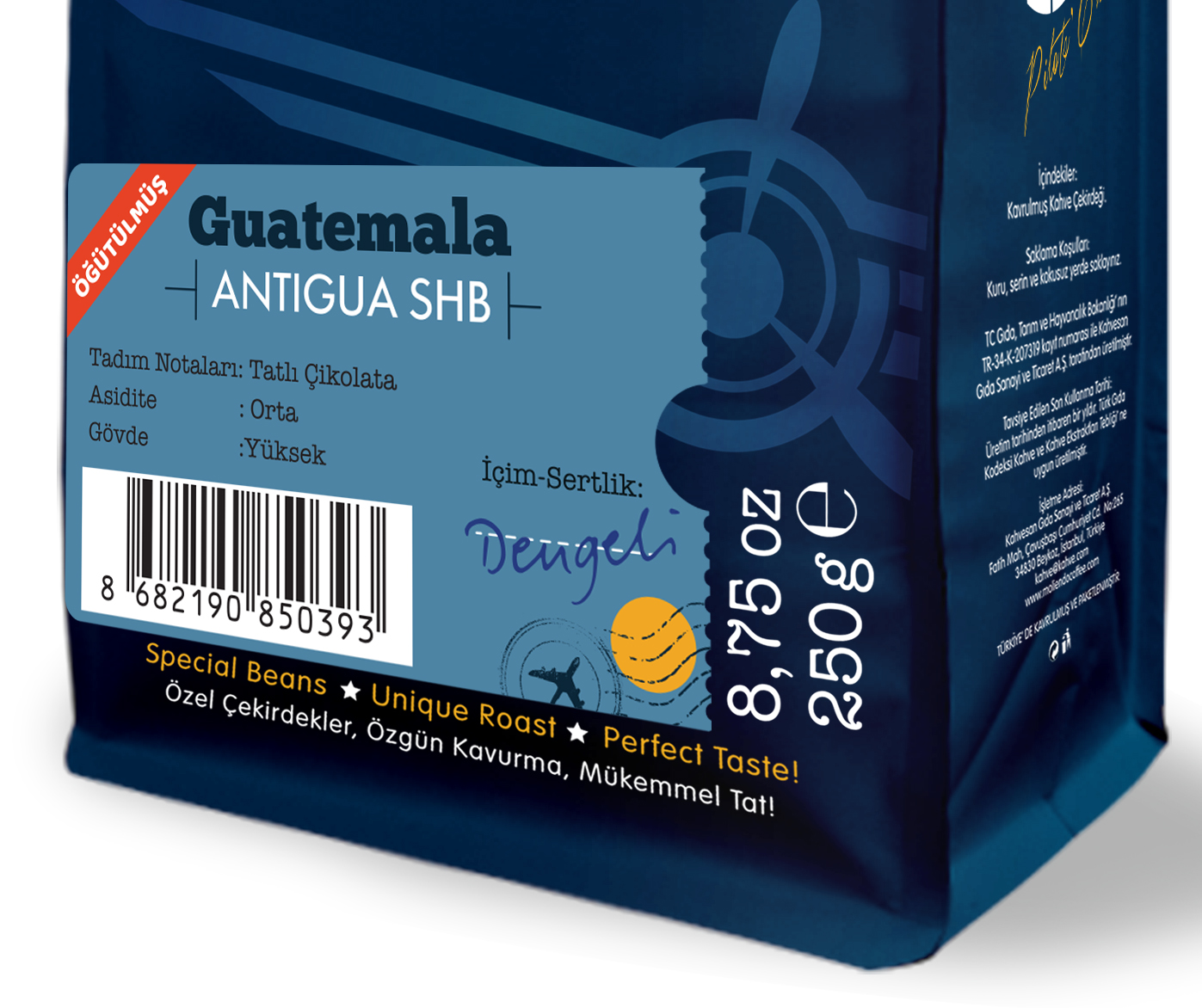 Guatemala Antigua SHB kahve paketi, metin, barkod ve detaylarla.