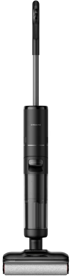 Un aspirateur-balai noir, droit, avec une tête de brosse, fond blanc.