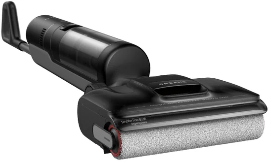 Aspirateur brosse pour sol noir. Il a une poignée et une tête de récurage.